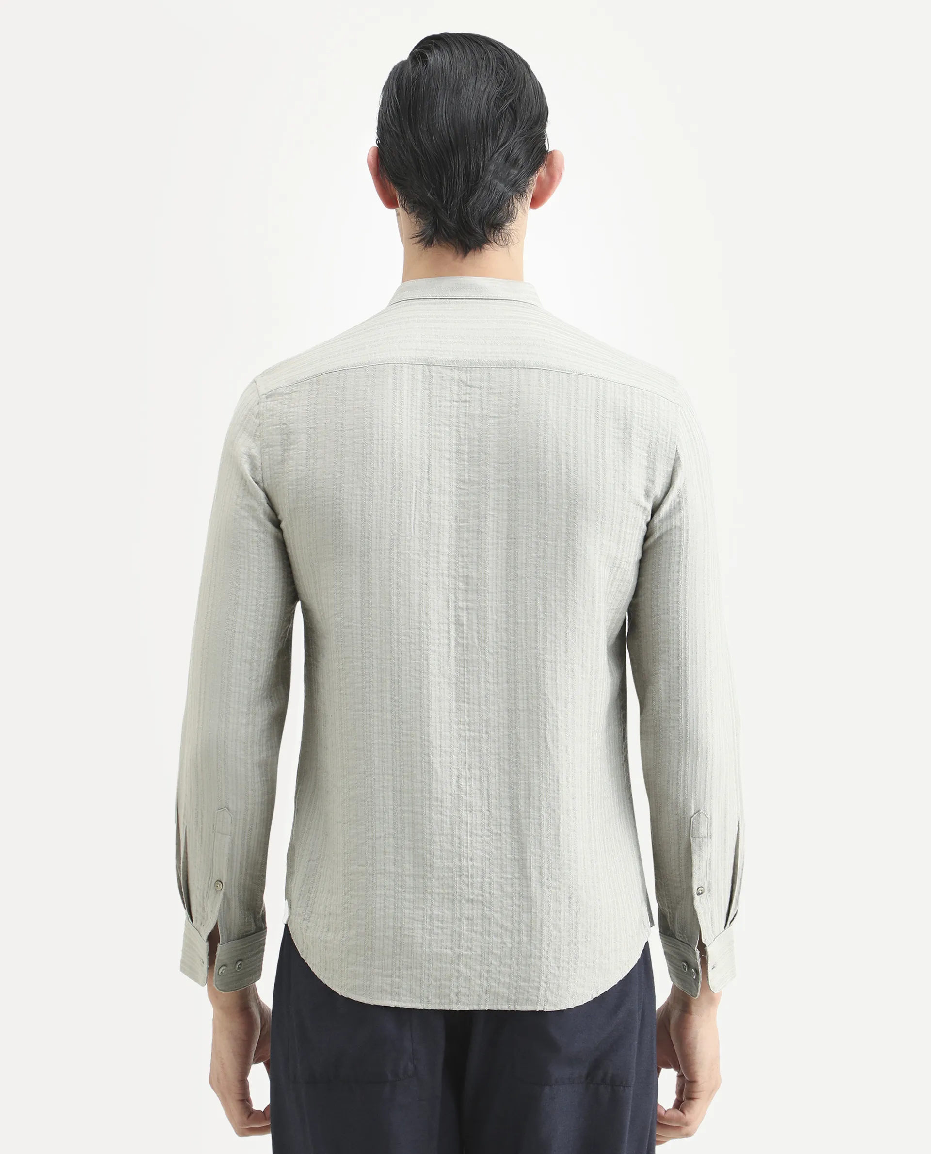 Rare Rabbit Men's Drep Dusky Green Viscose Blend Striped Print Regular Fit Full Sleeve Mandarin Collar Shirt - Image 8