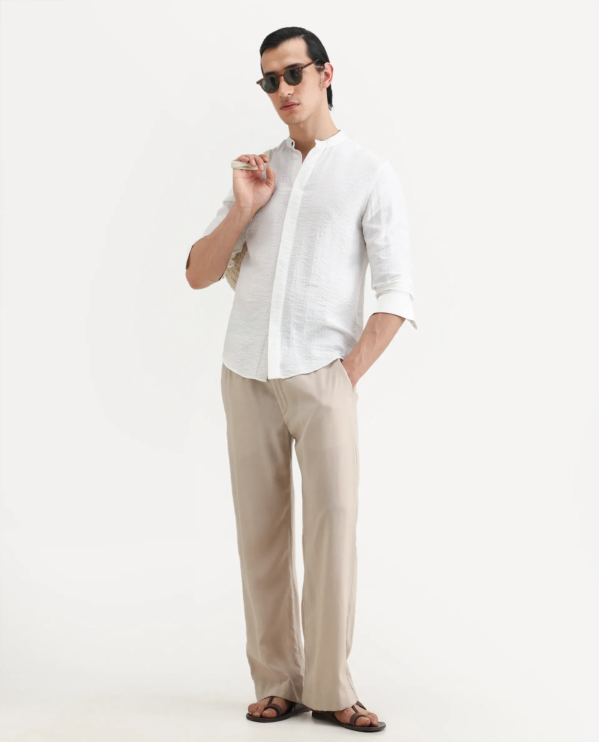 Rare Rabbit Men's Drep White Viscose Blend Striped Print Regular Fit Full Sleeve Mandarin Collar Shirt - Image 2