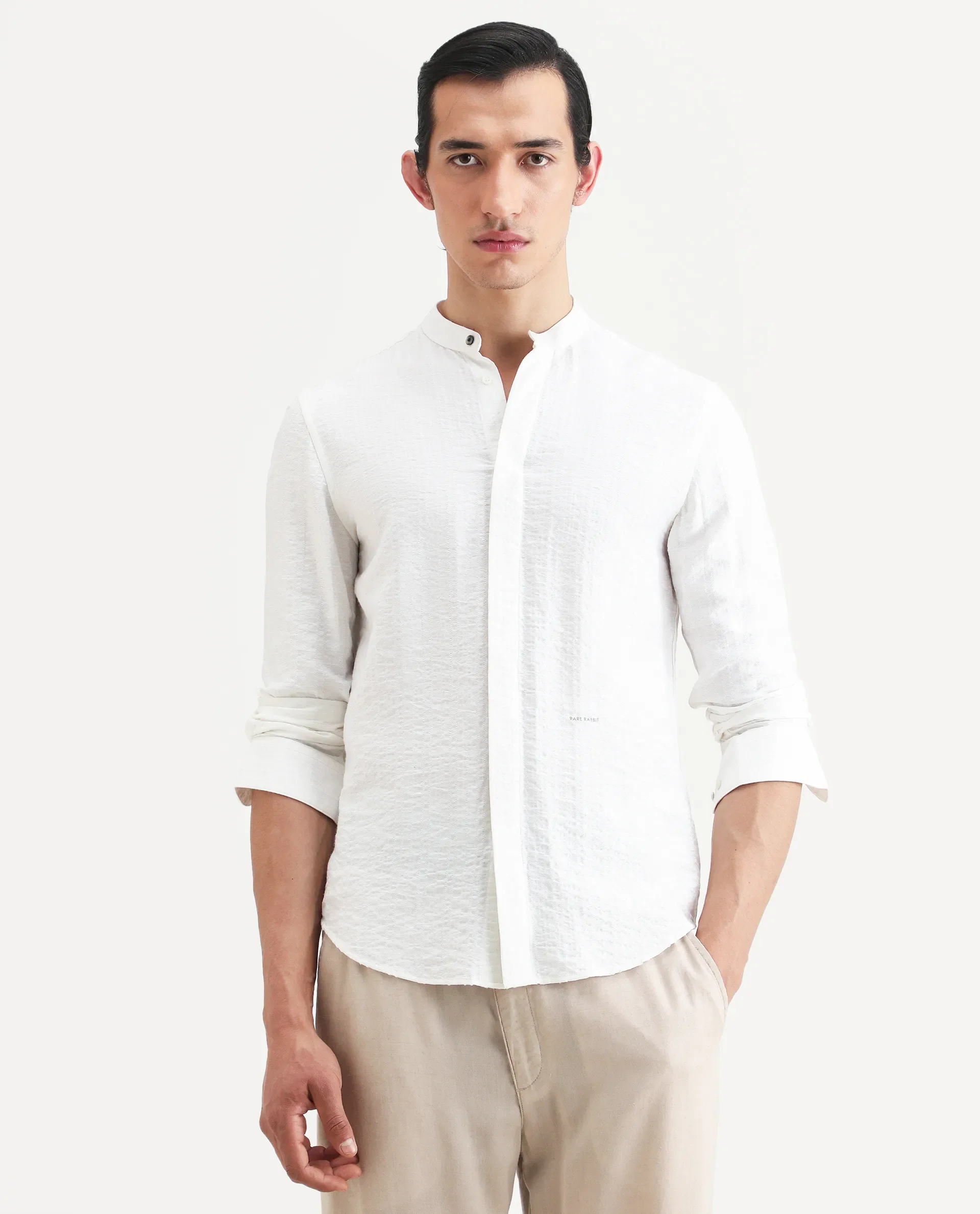 Rare Rabbit Men's Drep White Viscose Blend Striped Print Regular Fit Full Sleeve Mandarin Collar Shirt - Image 3