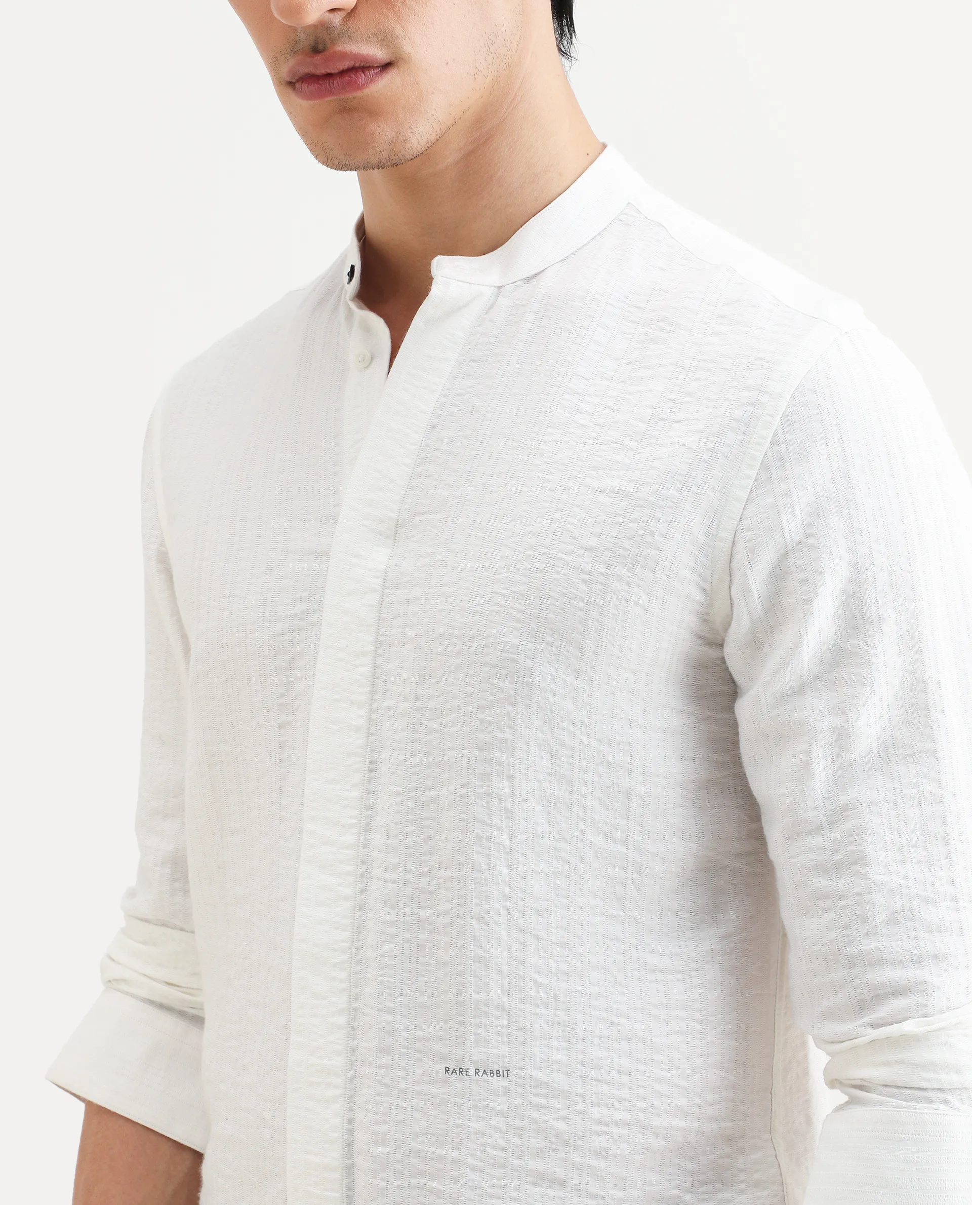 Rare Rabbit Men's Drep White Viscose Blend Striped Print Regular Fit Full Sleeve Mandarin Collar Shirt - Image 4