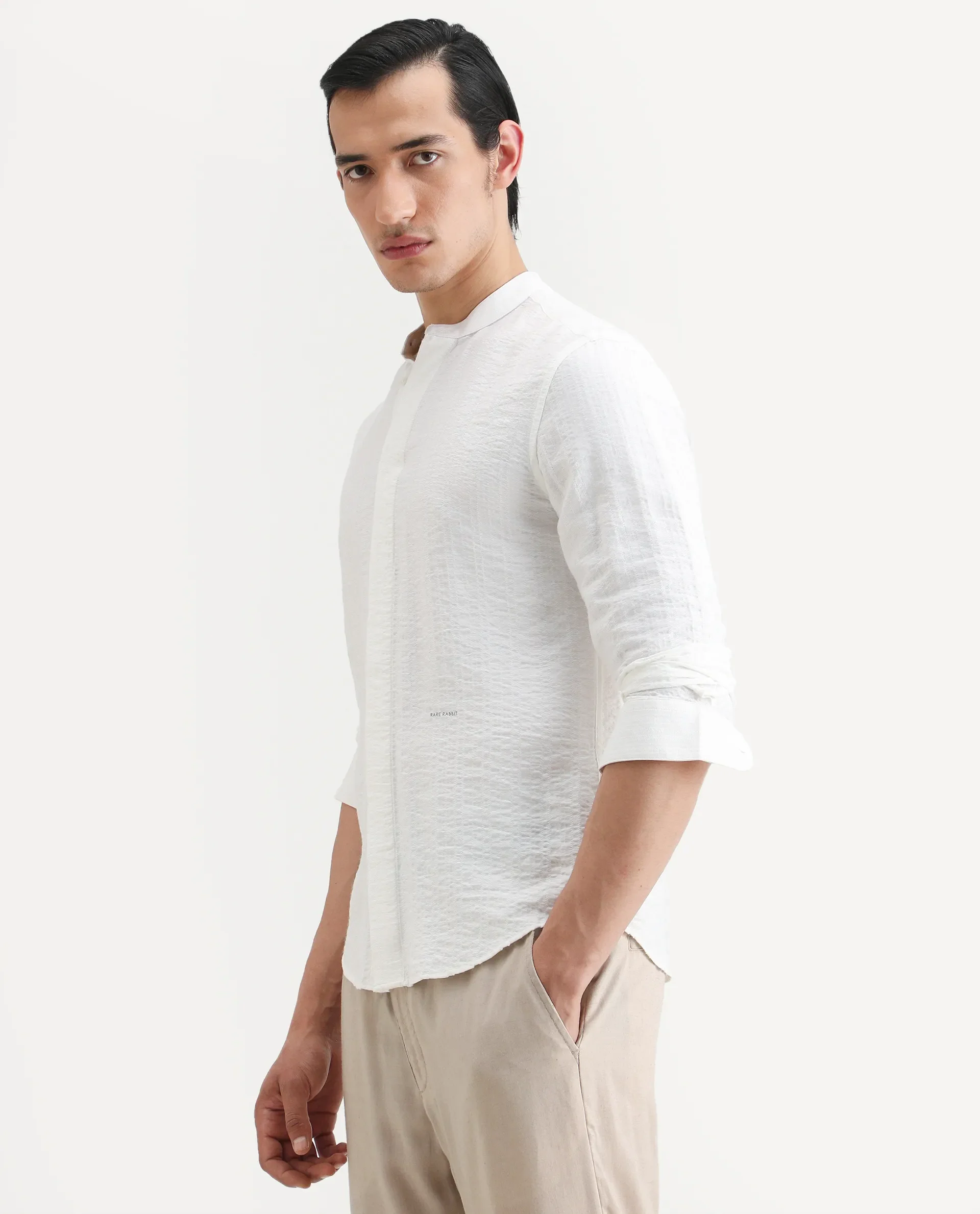 Rare Rabbit Men's Drep White Viscose Blend Striped Print Regular Fit Full Sleeve Mandarin Collar Shirt - Image 5