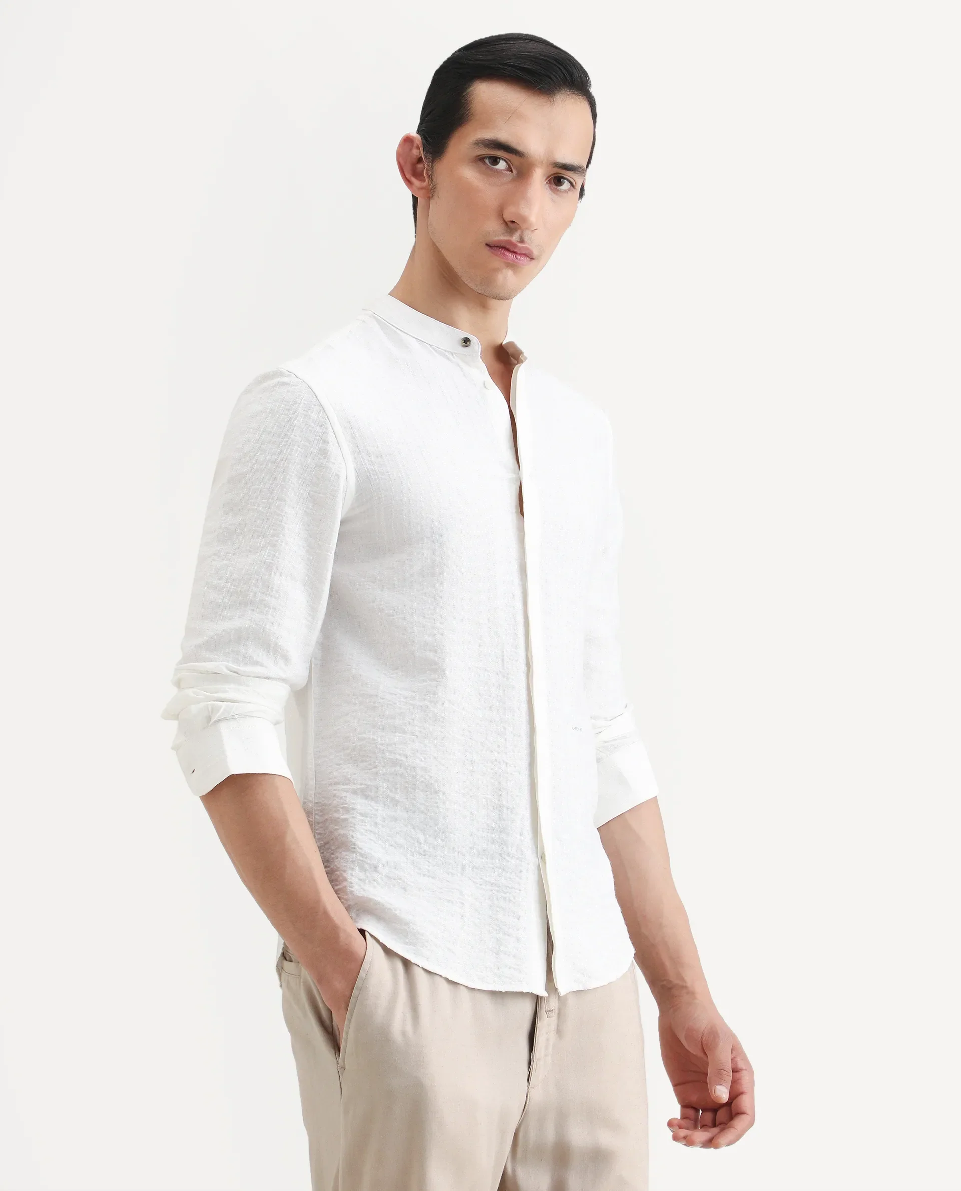 Rare Rabbit Men's Drep White Viscose Blend Striped Print Regular Fit Full Sleeve Mandarin Collar Shirt - Image 6