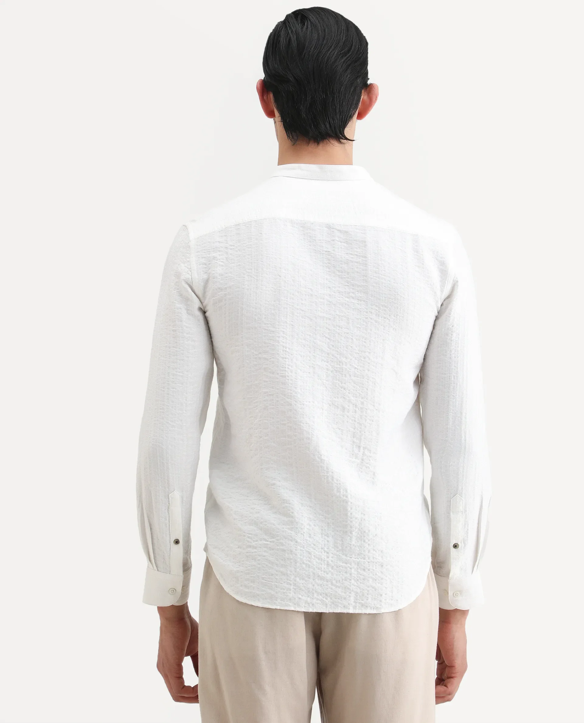 Rare Rabbit Men's Drep White Viscose Blend Striped Print Regular Fit Full Sleeve Mandarin Collar Shirt - Image 7
