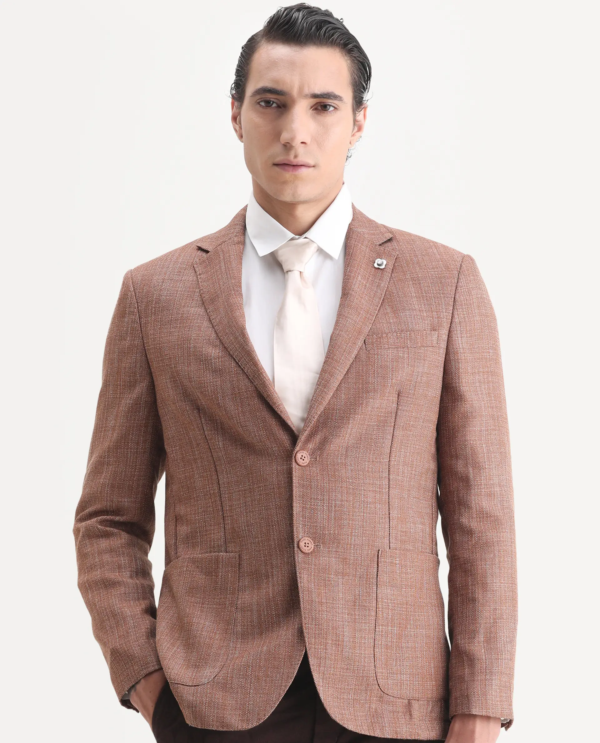 Rare Rabbit Men's Drew Brown Polyester Plain Tailored Fit Full Sleeve Lapel Neck Blazer - Image 3