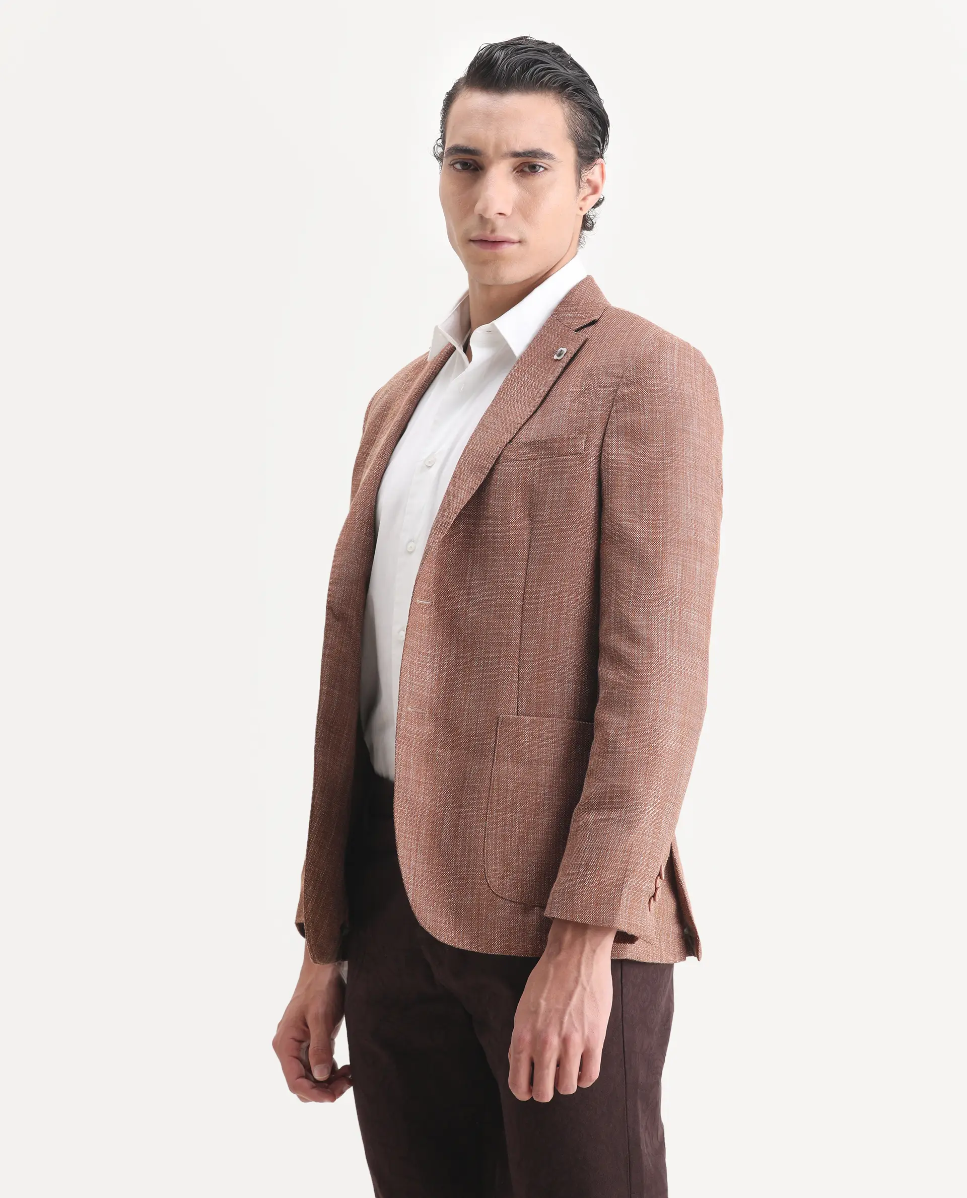 Rare Rabbit Men's Drew Brown Polyester Plain Tailored Fit Full Sleeve Lapel Neck Blazer - Image 5