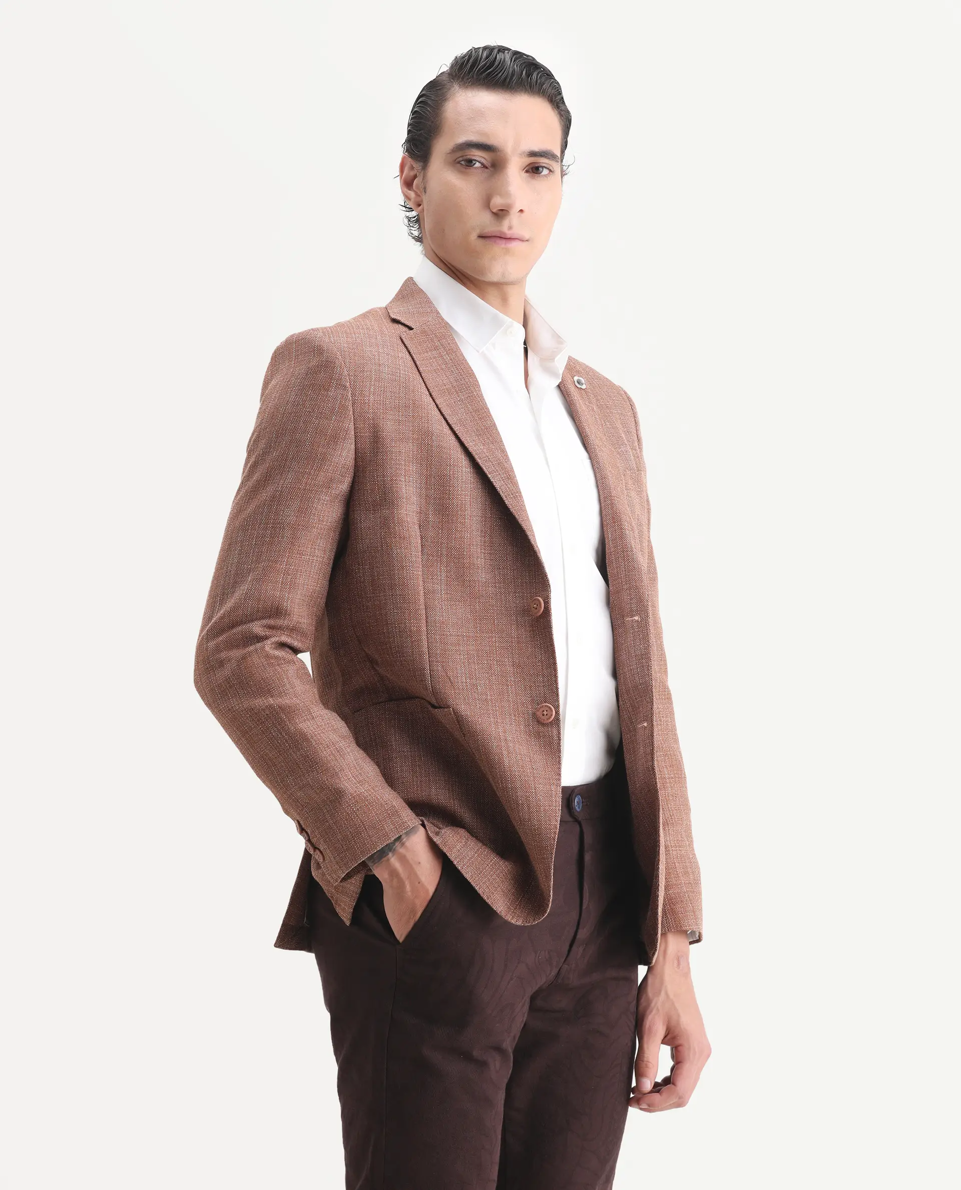 Rare Rabbit Men's Drew Brown Polyester Plain Tailored Fit Full Sleeve Lapel Neck Blazer - Image 6