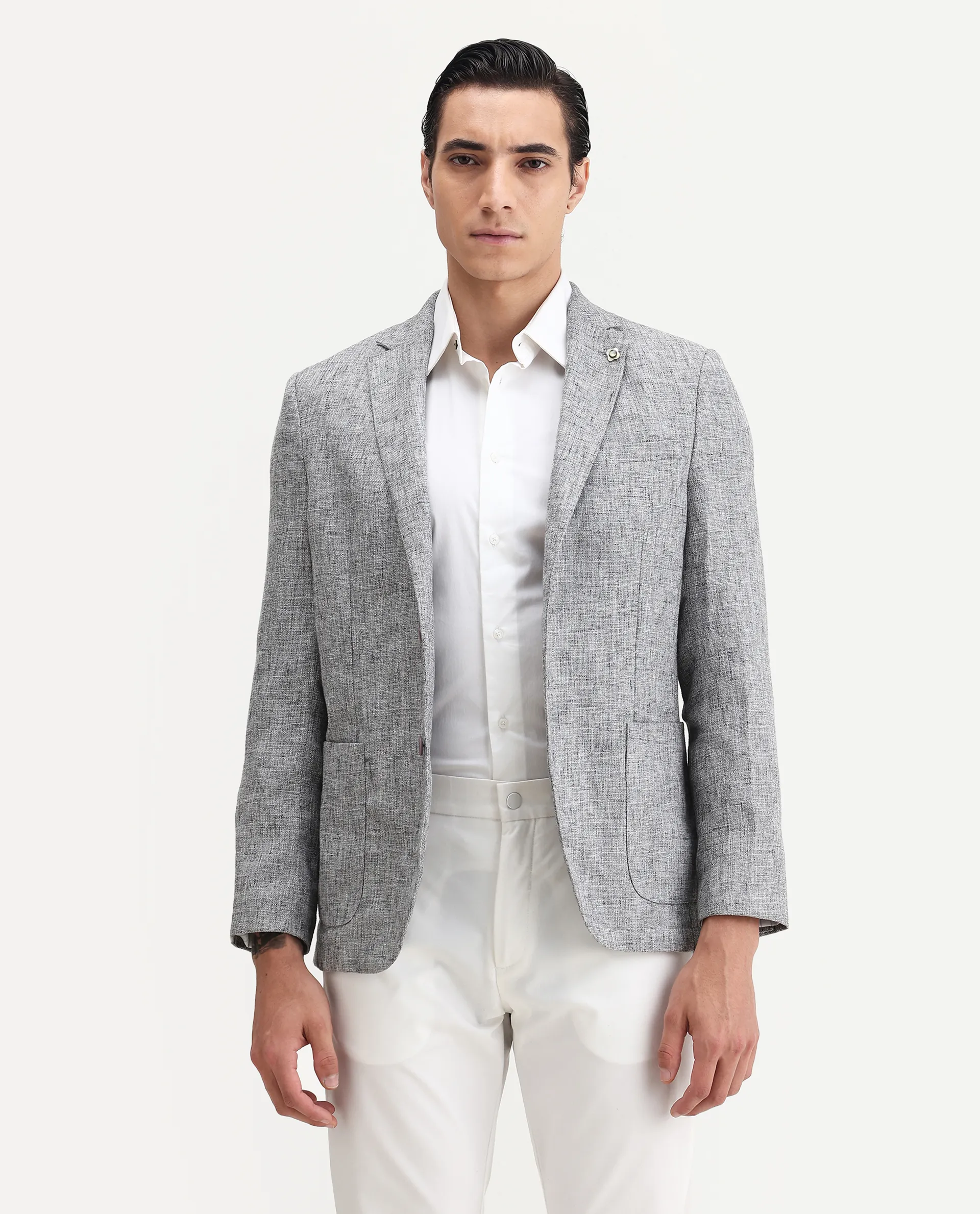 Rare Rabbit Men's Drew Grey Polyester Plain Tailored Fit Full Sleeve Lapel Neck Blazer - Image 4