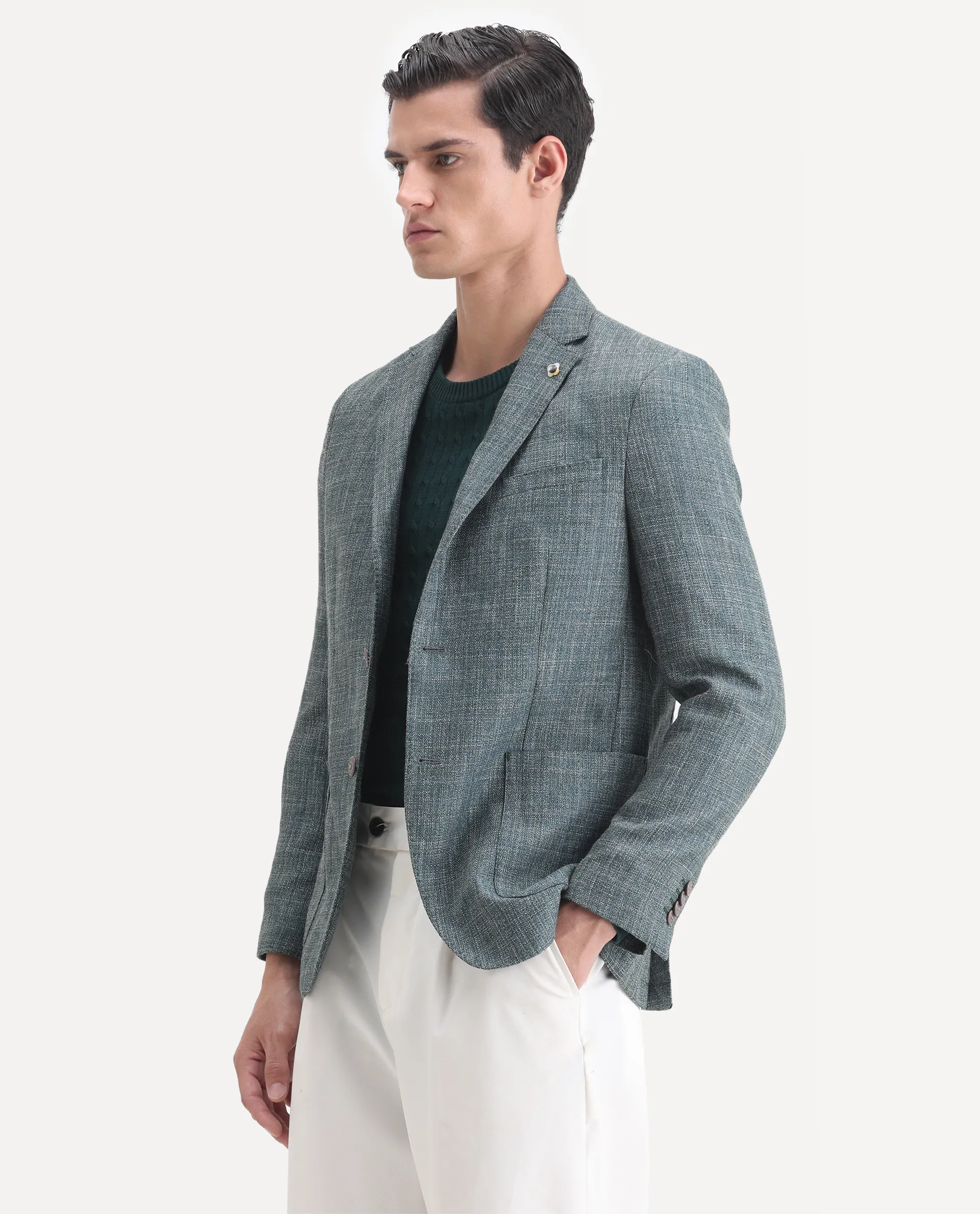 Rare Rabbit Men's Drew Olive Polyester Plain Tailored Fit Full Sleeve Lapel Neck Blazer - Image 5