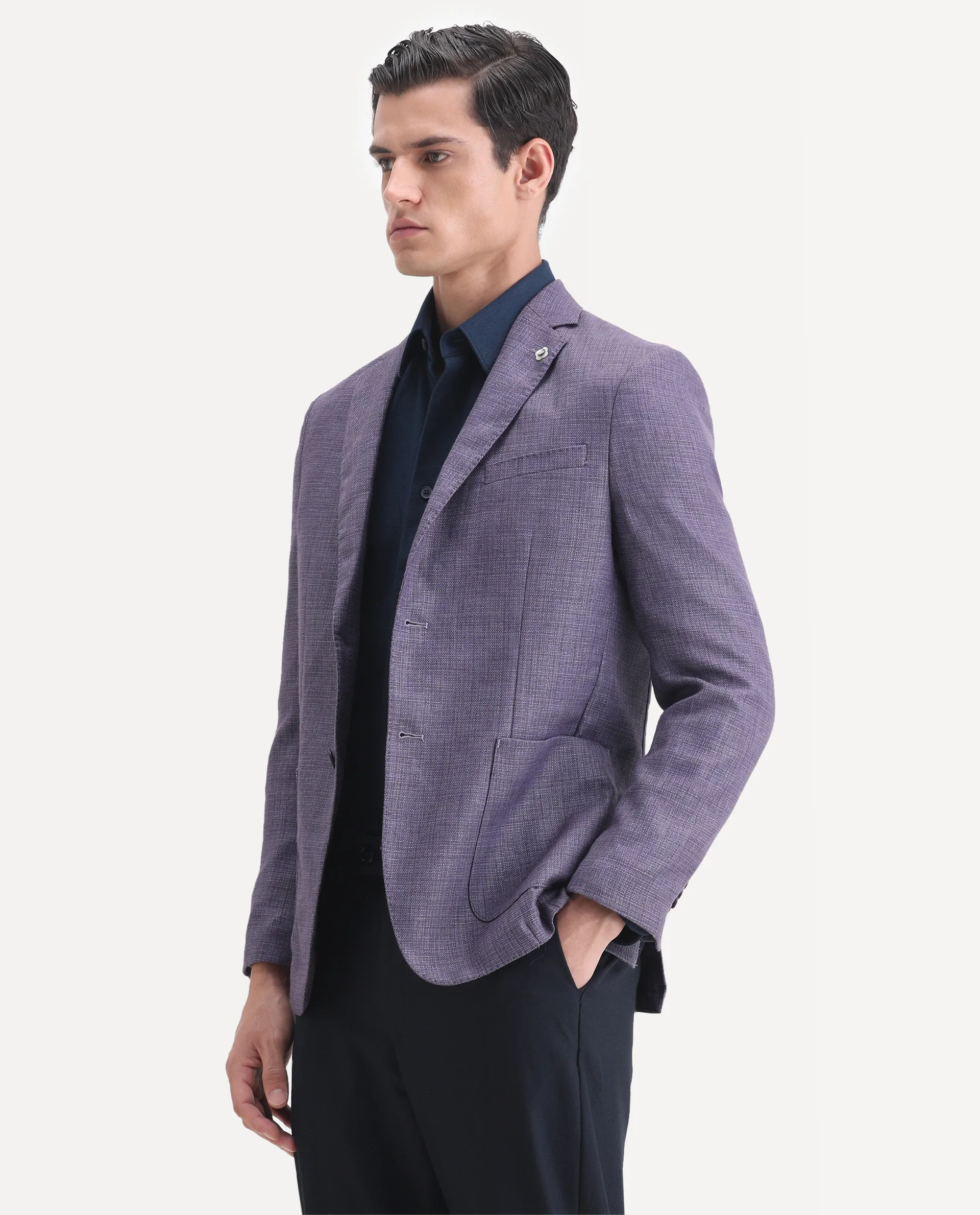 Rare Rabbit Men's Drew Purple Polyester Plain Tailored Fit Full Sleeve Lapel Neck Blazer - Image 5