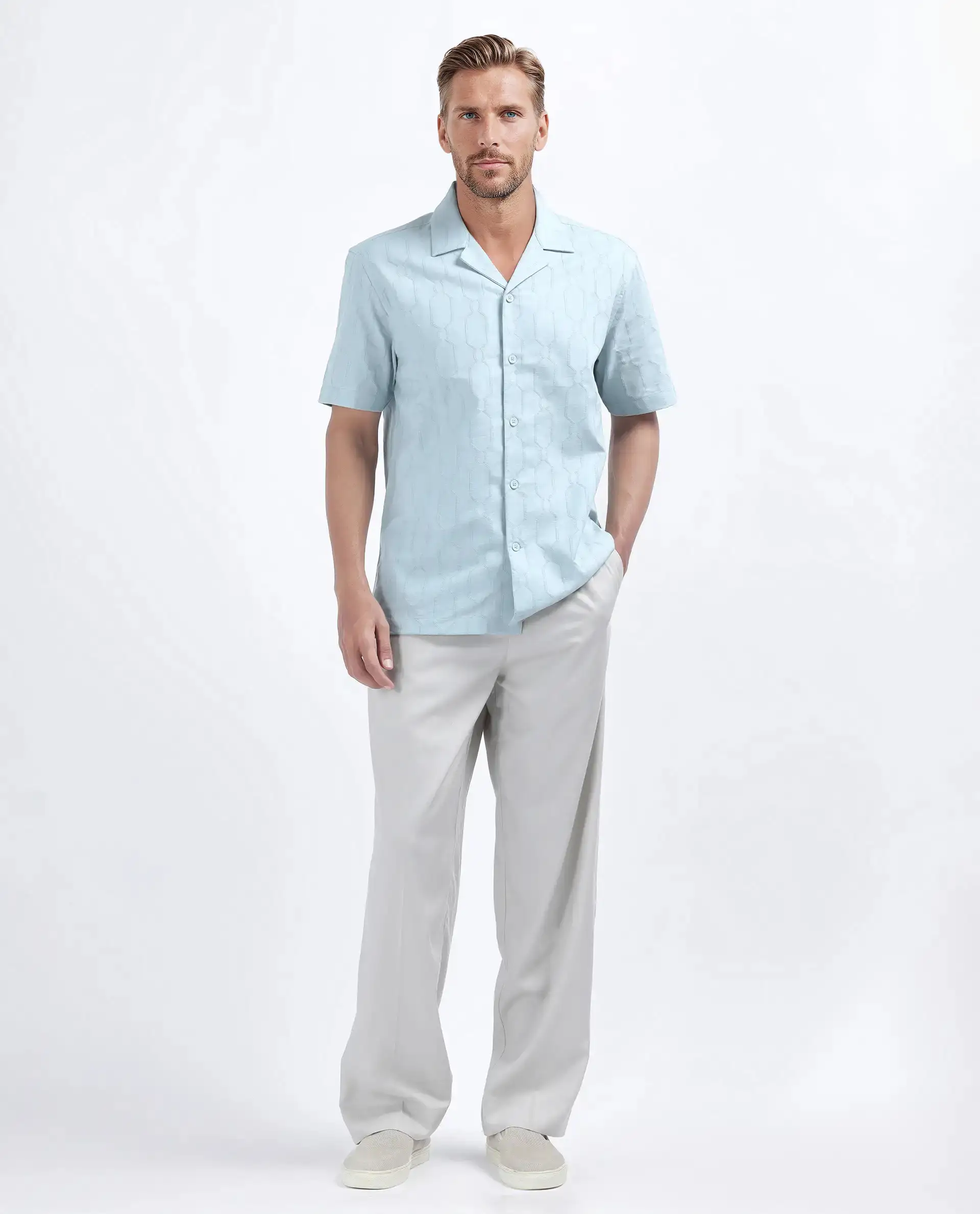 Rare Rabbit Men's Drew Light Blue Cotton Blend Textured Relaxed Fit Half Sleeve Cuban Collar Shirt - Image 2