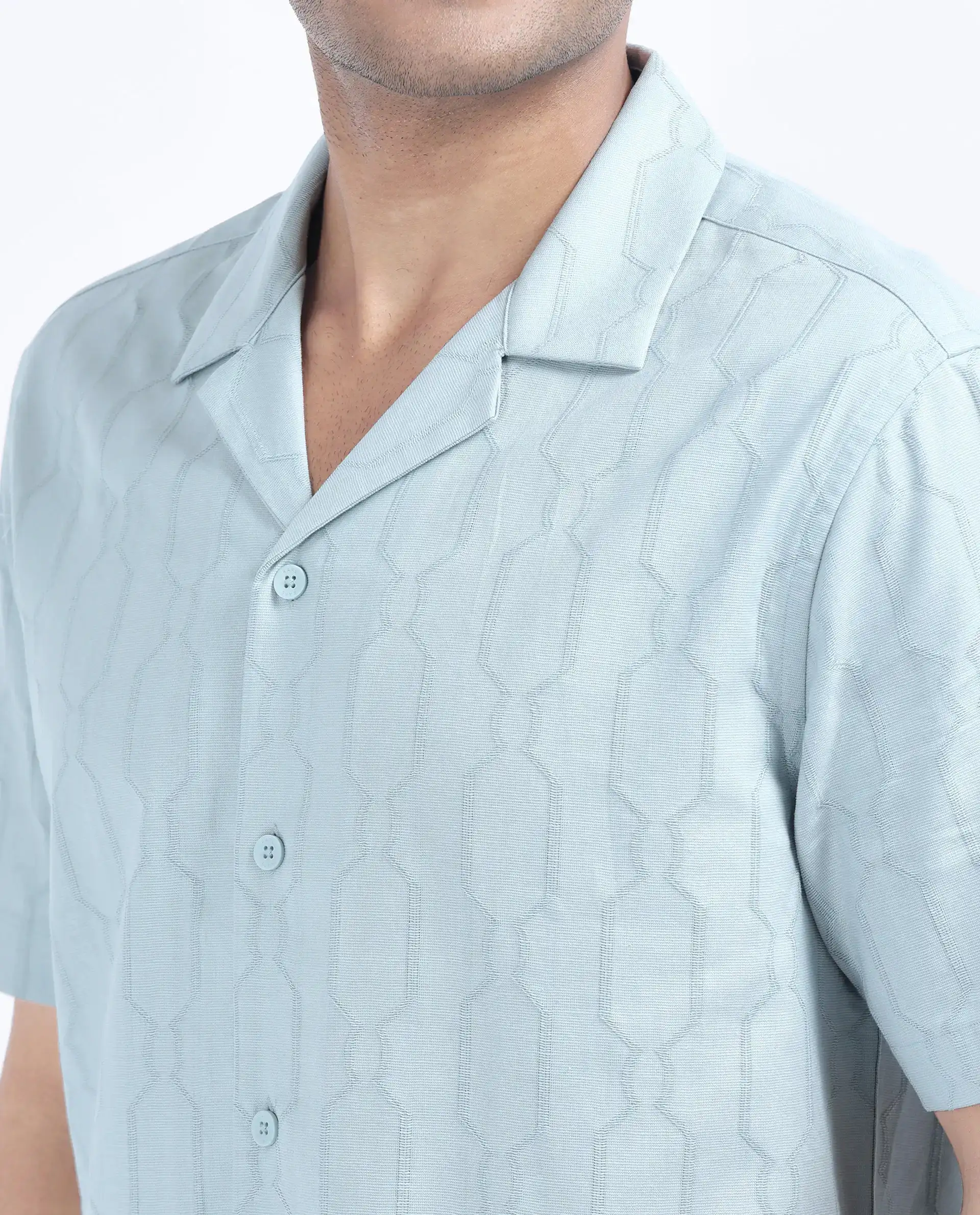Rare Rabbit Men's Drew Light Blue Cotton Blend Textured Relaxed Fit Half Sleeve Cuban Collar Shirt - Image 3