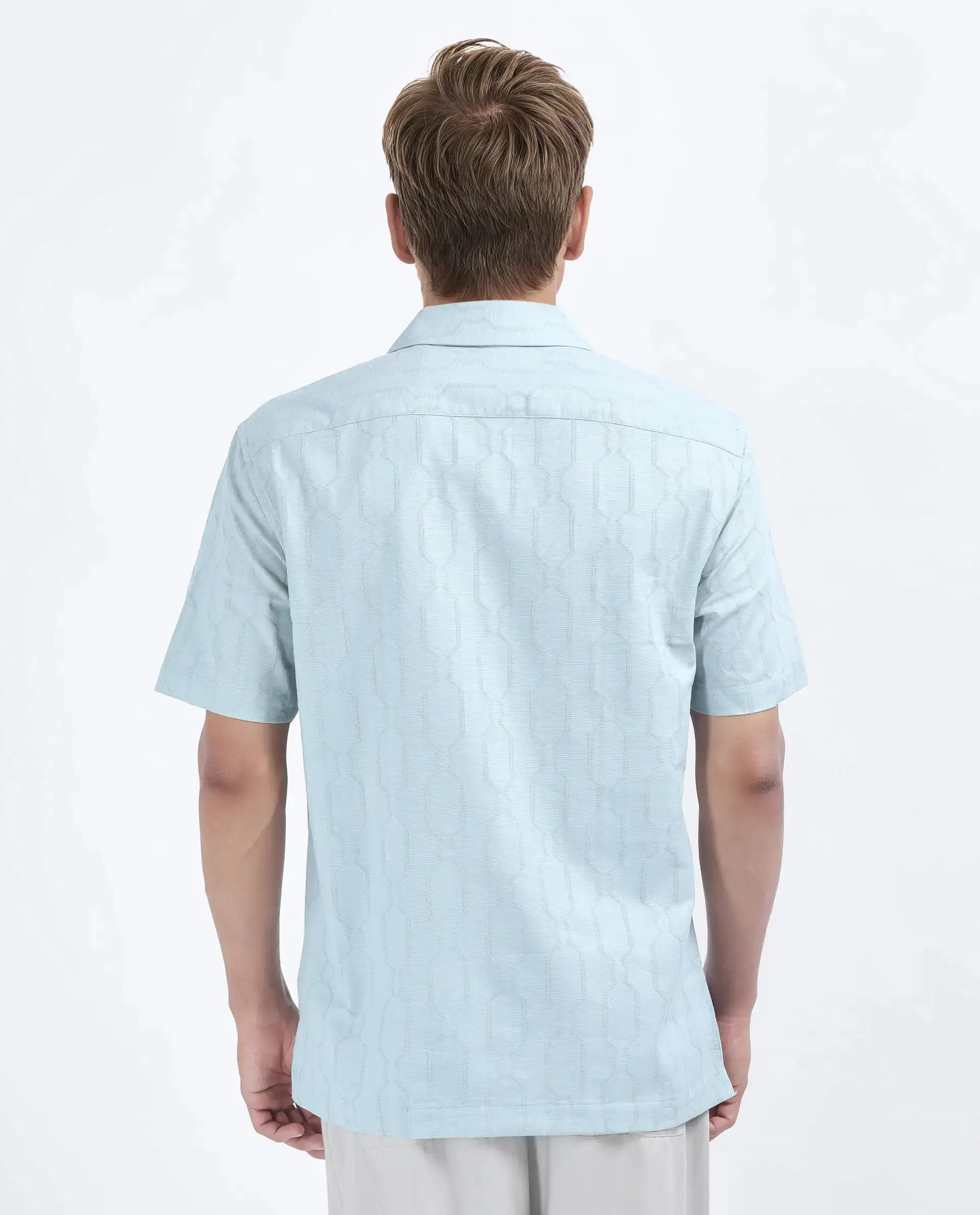 Rare Rabbit Men's Drew Light Blue Cotton Blend Textured Relaxed Fit Half Sleeve Cuban Collar Shirt - Image 4