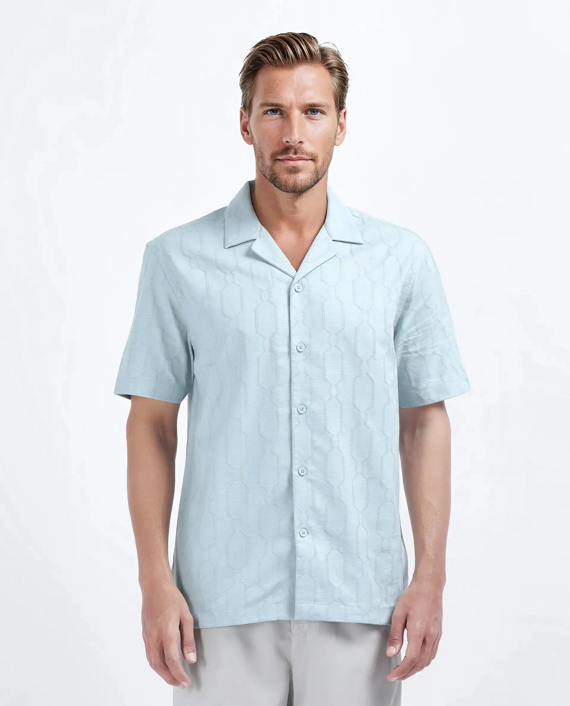 Rare Rabbit Men's Drew Light Blue Cotton Blend Textured Relaxed Fit Half Sleeve Cuban Collar Shirt - Image 5