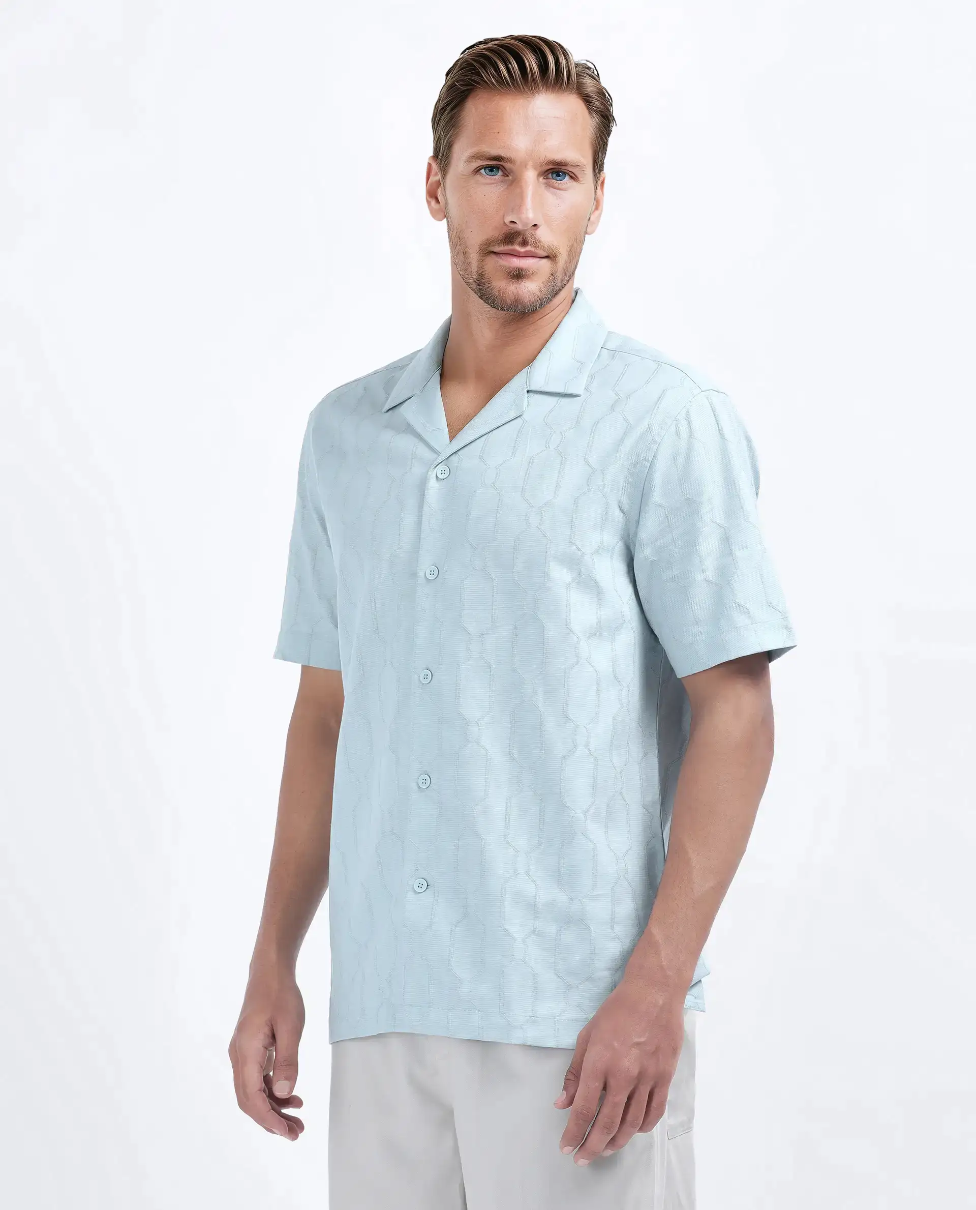 Rare Rabbit Men's Drew Light Blue Cotton Blend Textured Relaxed Fit Half Sleeve Cuban Collar Shirt - Image 6