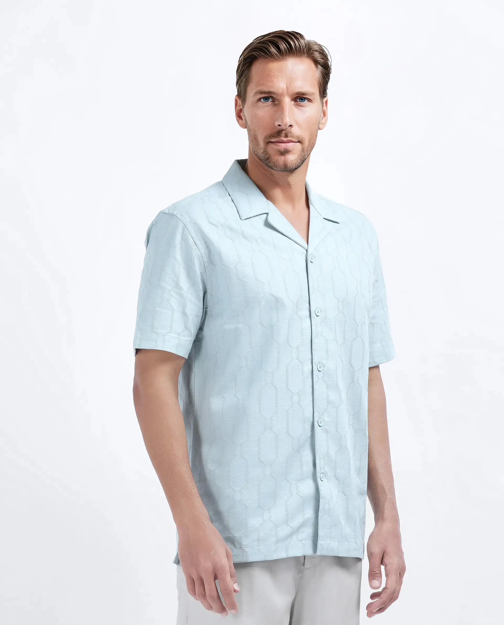 Rare Rabbit Men's Drew Light Blue Cotton Blend Textured Relaxed Fit Half Sleeve Cuban Collar Shirt - Image 7