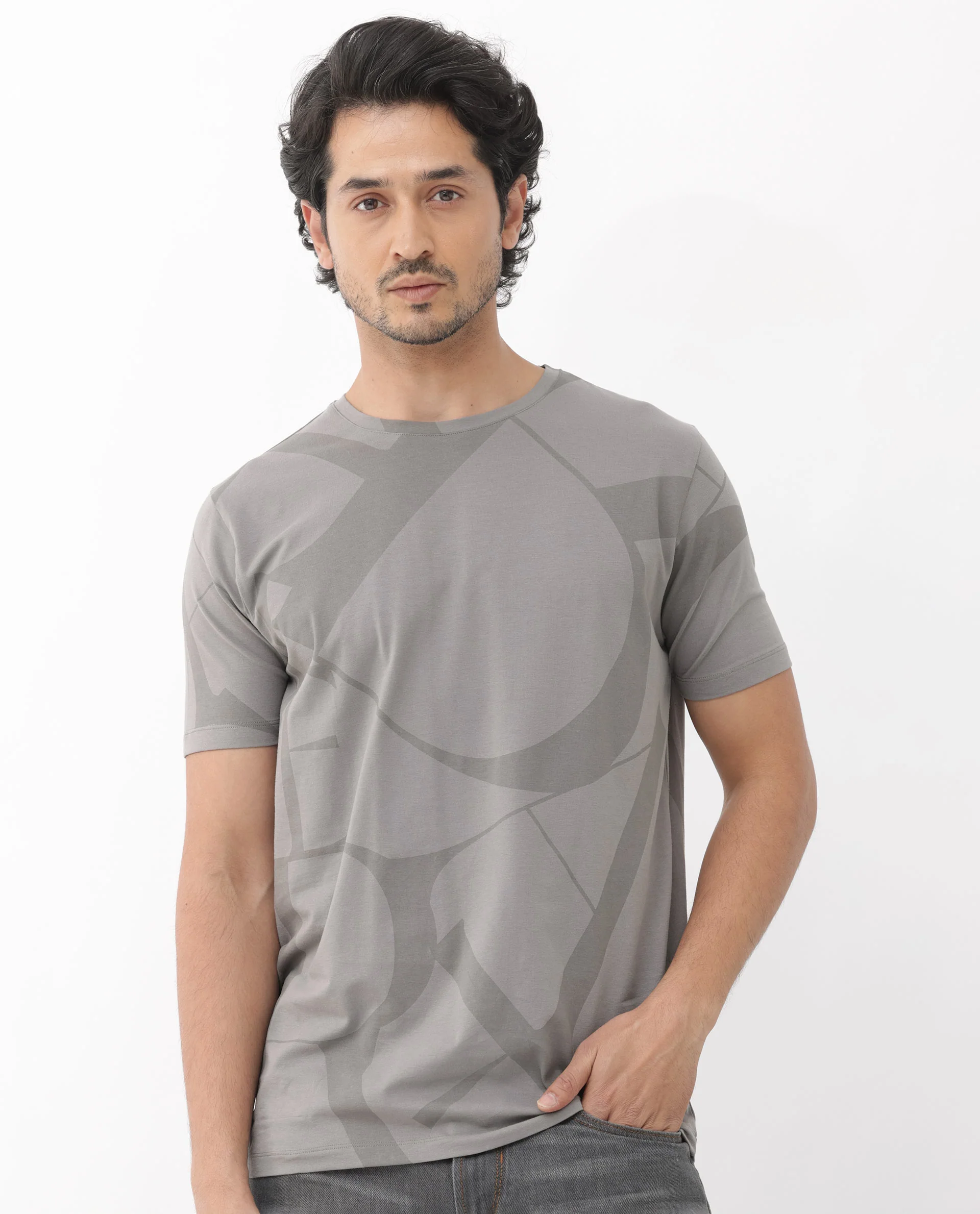 Rare Rabbit Articale Mens Drew Grey Cotton Lycra Fabric Short Sleeve Crew Neck Slim Fit Printed T-Shirt - Image 4