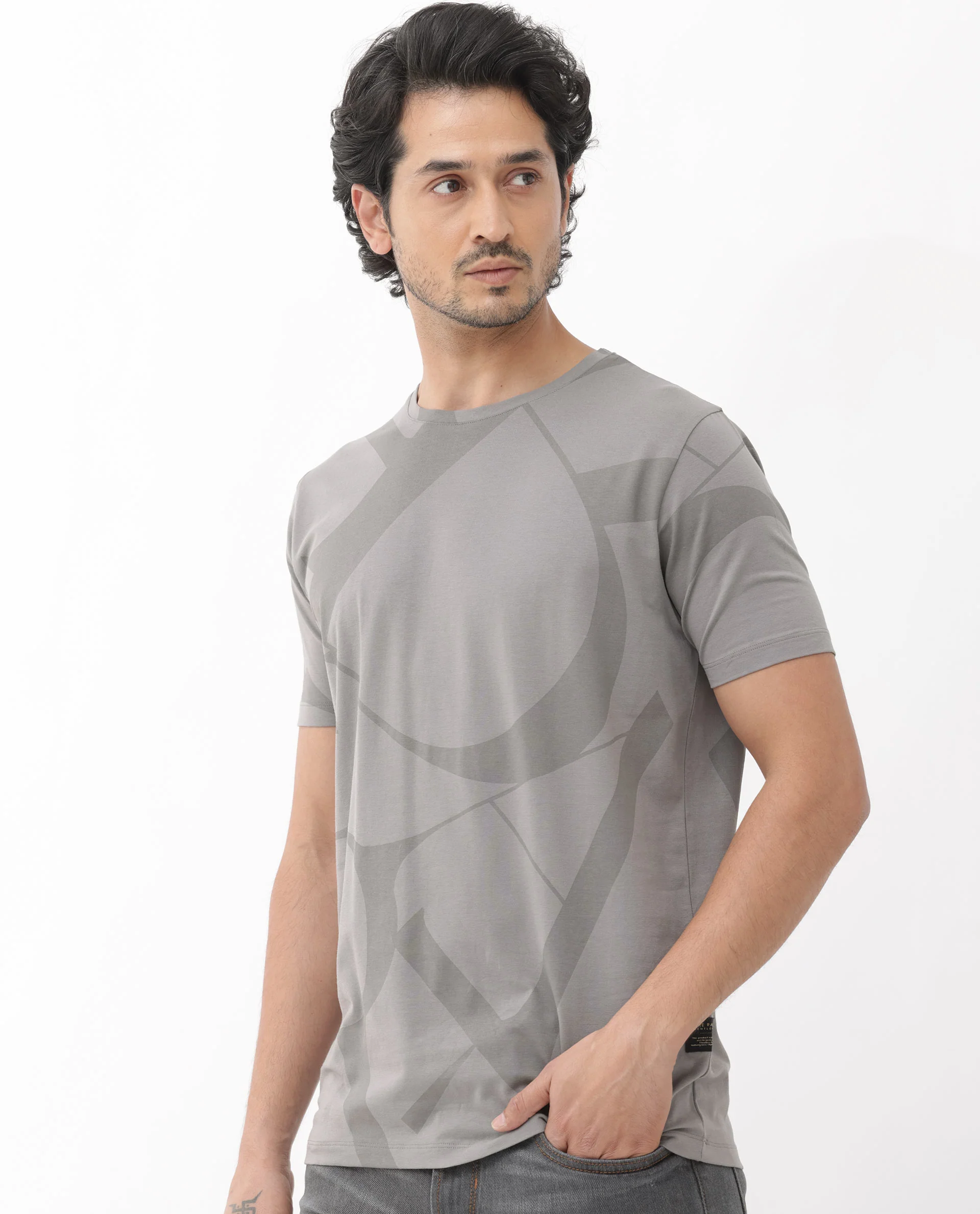 Rare Rabbit Articale Mens Drew Grey Cotton Lycra Fabric Short Sleeve Crew Neck Slim Fit Printed T-Shirt - Image 6