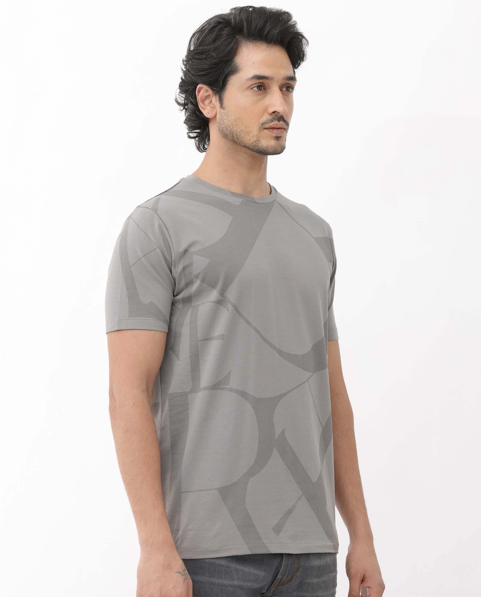 Rare Rabbit Articale Mens Drew Grey Cotton Lycra Fabric Short Sleeve Crew Neck Slim Fit Printed T-Shirt - Image 7