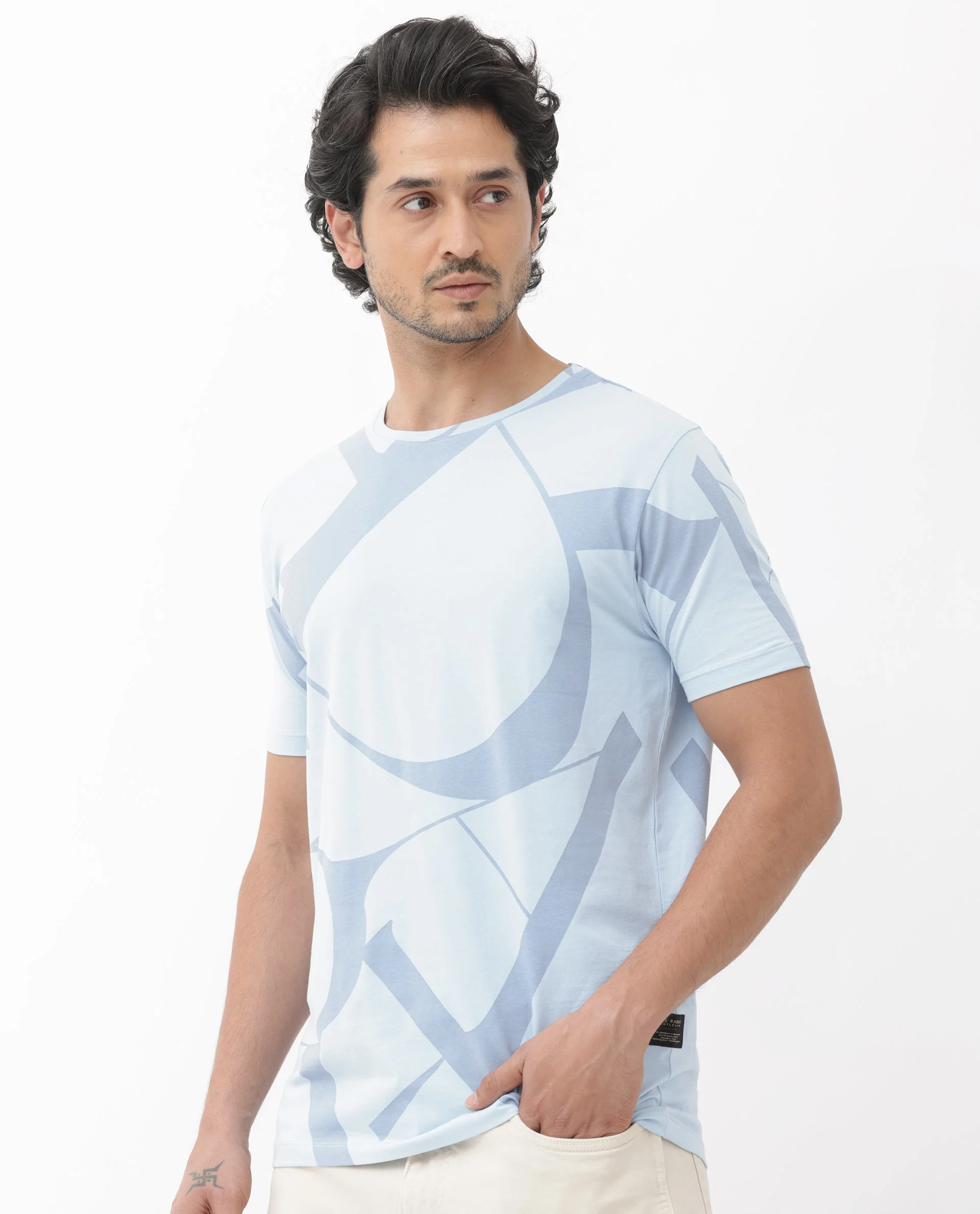 Rare Rabbit Articale Mens Drew Light Blue Cotton Lycra Fabric Short Sleeve Crew Neck Slim Fit Printed T-Shirt - Image 3