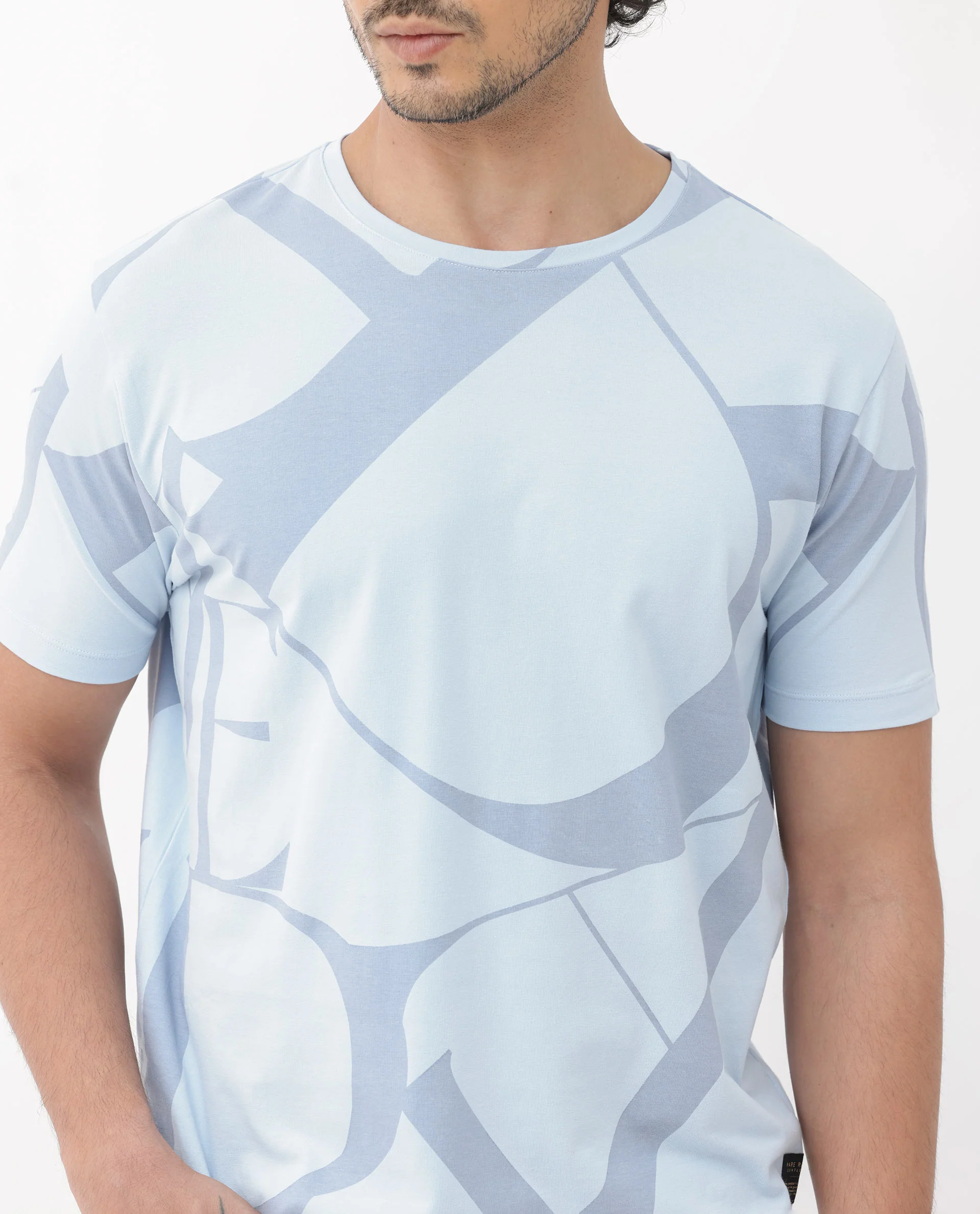 Rare Rabbit Articale Mens Drew Light Blue Cotton Lycra Fabric Short Sleeve Crew Neck Slim Fit Printed T-Shirt - Image 5
