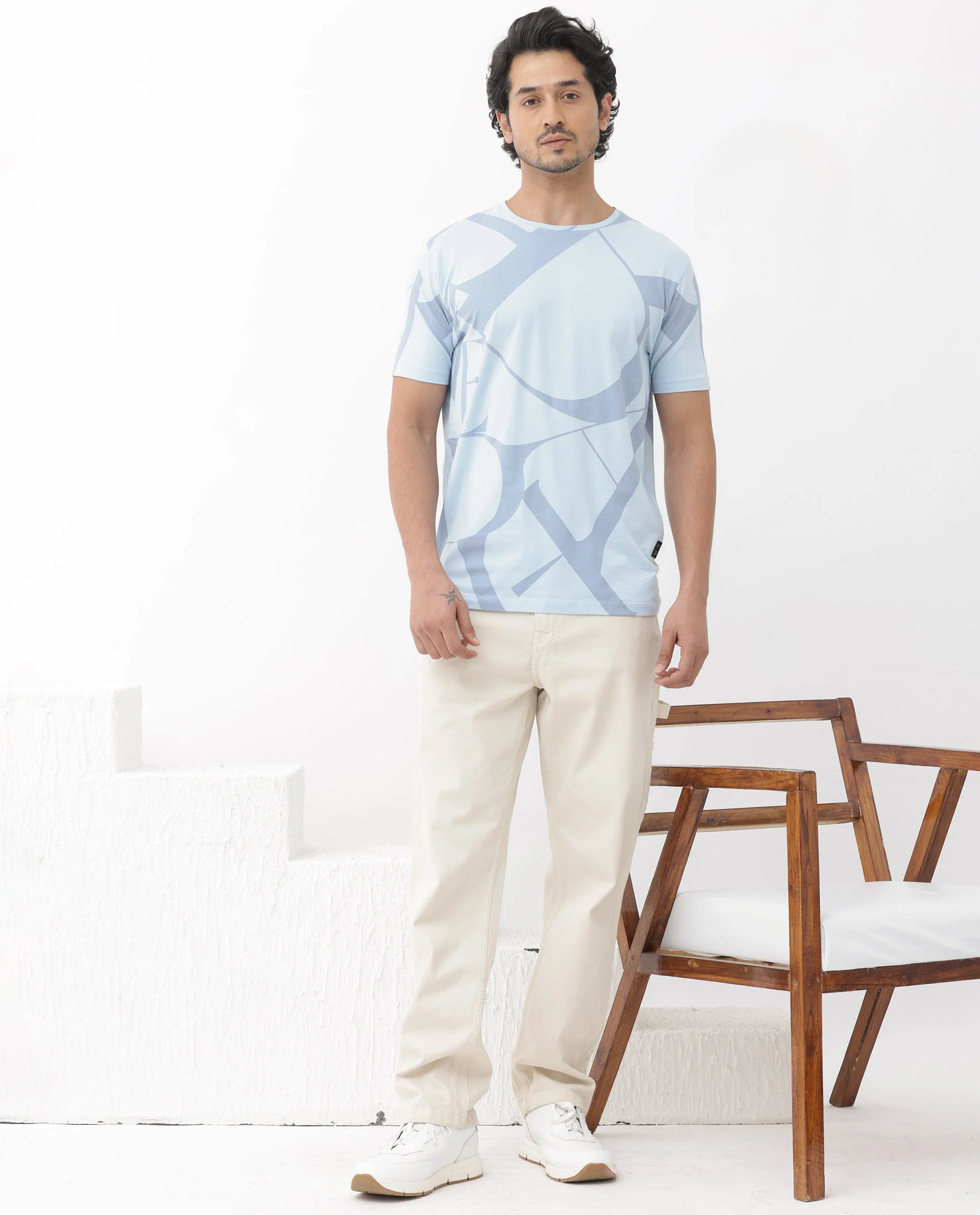 Rare Rabbit Articale Mens Drew Light Blue Cotton Lycra Fabric Short Sleeve Crew Neck Slim Fit Printed T-Shirt - Image 6