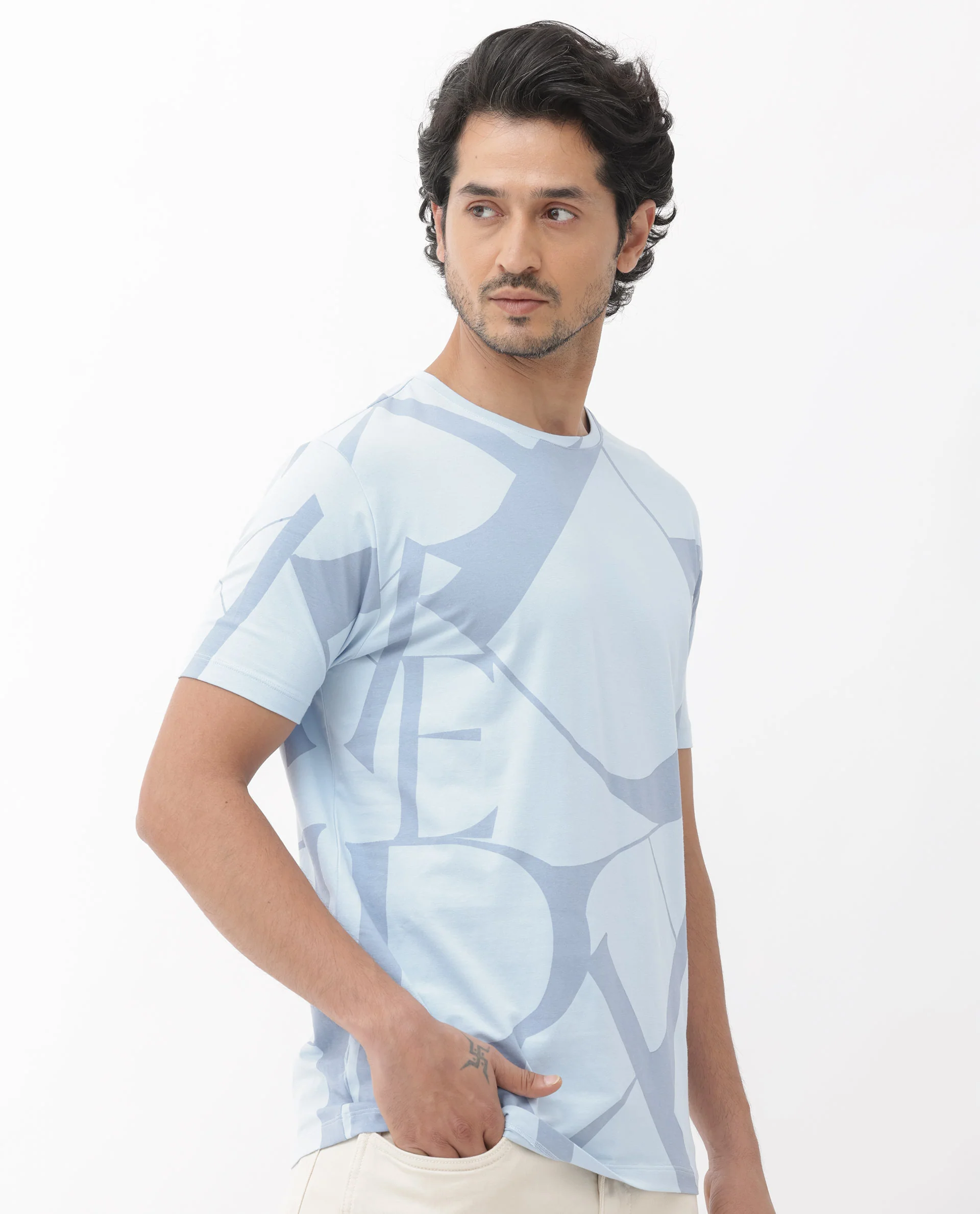 Rare Rabbit Articale Mens Drew Light Blue Cotton Lycra Fabric Short Sleeve Crew Neck Slim Fit Printed T-Shirt - Image 7