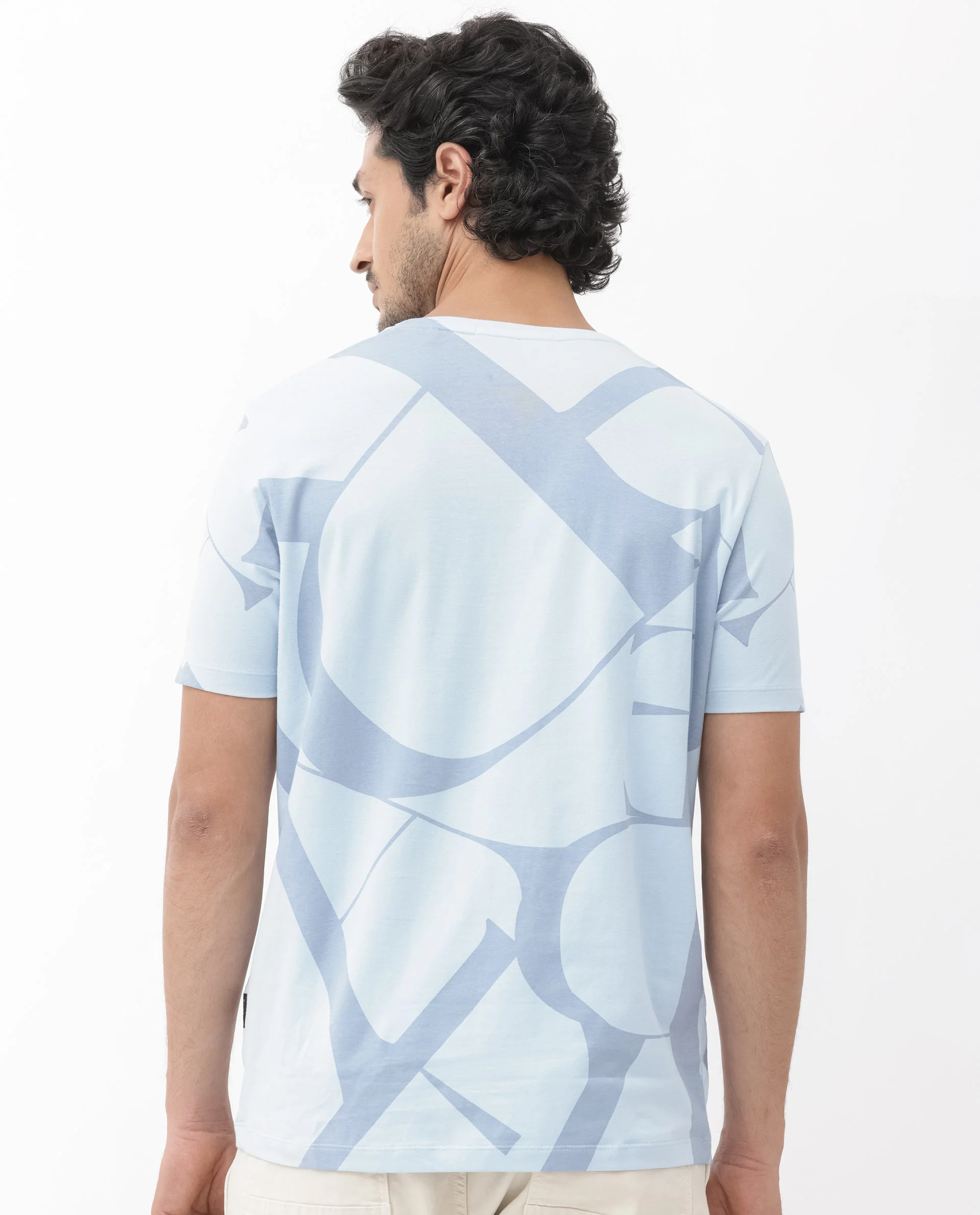 Rare Rabbit Articale Mens Drew Light Blue Cotton Lycra Fabric Short Sleeve Crew Neck Slim Fit Printed T-Shirt - Image 8