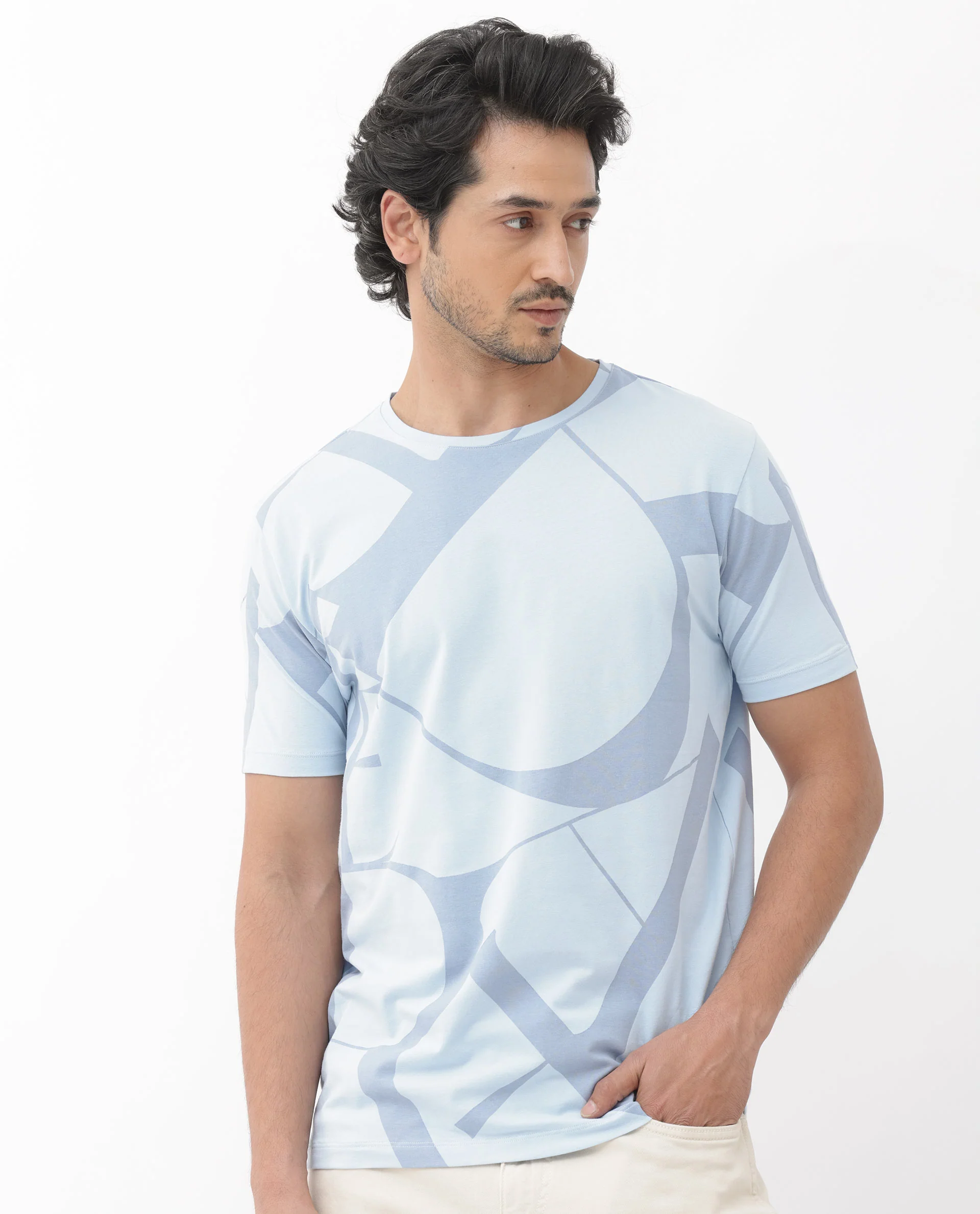 Rare Rabbit Articale Mens Drew Light Blue Cotton Lycra Fabric Short Sleeve Crew Neck Slim Fit Printed T-Shirt - Image 9