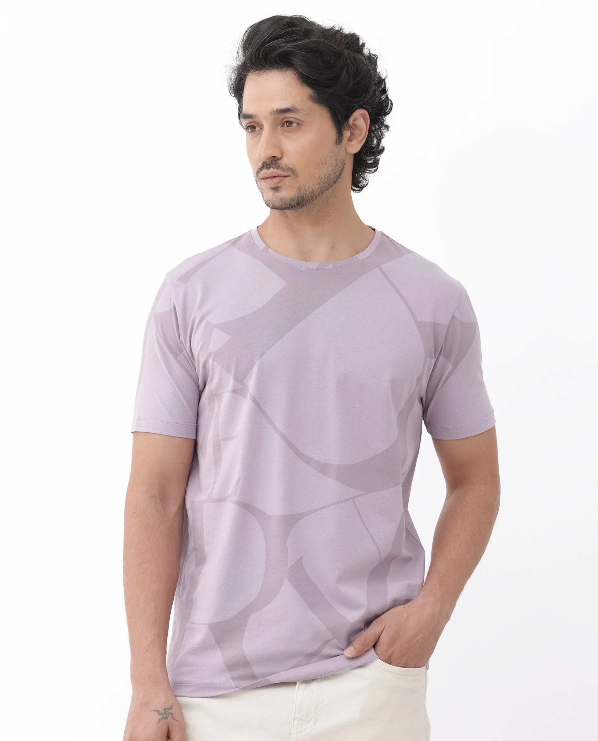 Rare Rabbit Articale Mens Drew Light Purple Cotton Lycra Fabric Short Sleeve Crew Neck Slim Fit Printed T-Shirt - Image 3