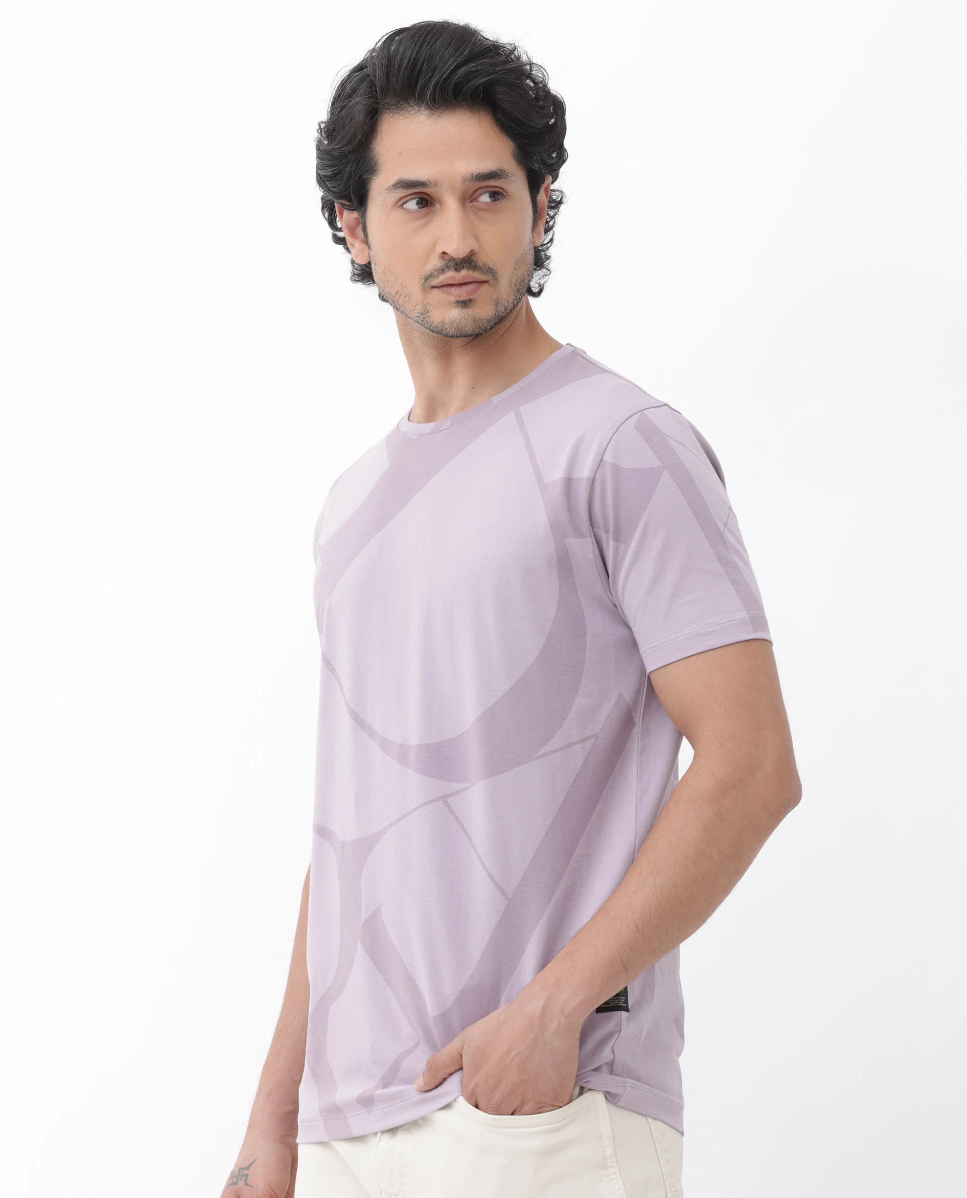 Rare Rabbit Articale Mens Drew Light Purple Cotton Lycra Fabric Short Sleeve Crew Neck Slim Fit Printed T-Shirt - Image 4