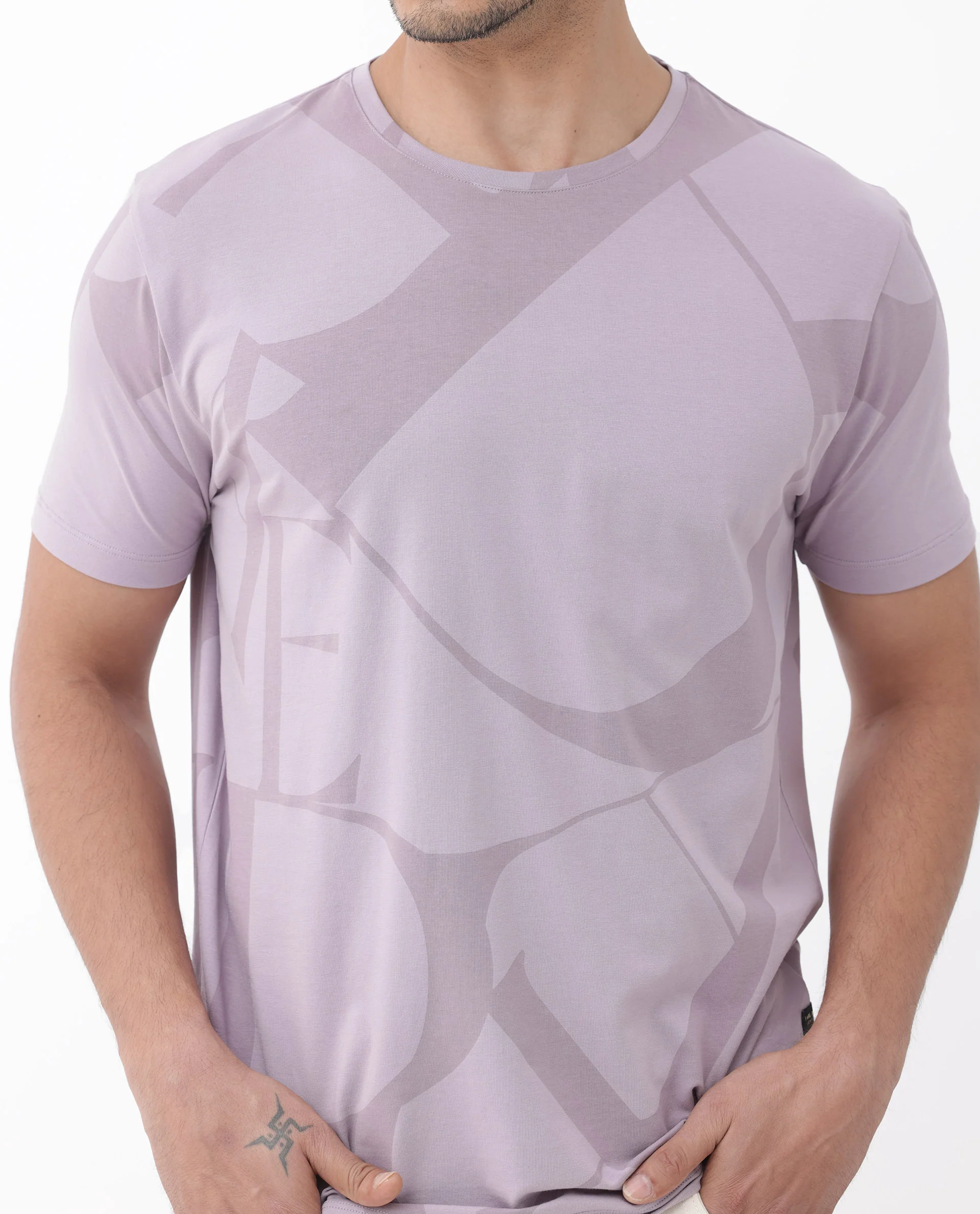 Rare Rabbit Articale Mens Drew Light Purple Cotton Lycra Fabric Short Sleeve Crew Neck Slim Fit Printed T-Shirt - Image 5