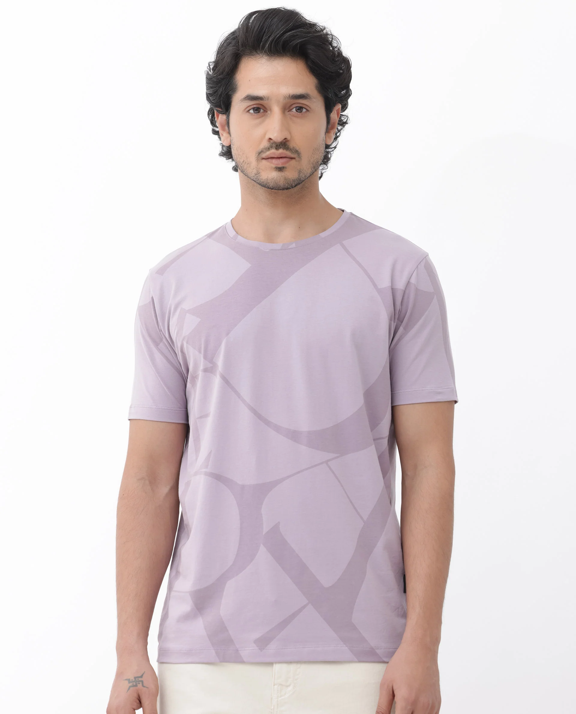 Rare Rabbit Articale Mens Drew Light Purple Cotton Lycra Fabric Short Sleeve Crew Neck Slim Fit Printed T-Shirt - Image 9