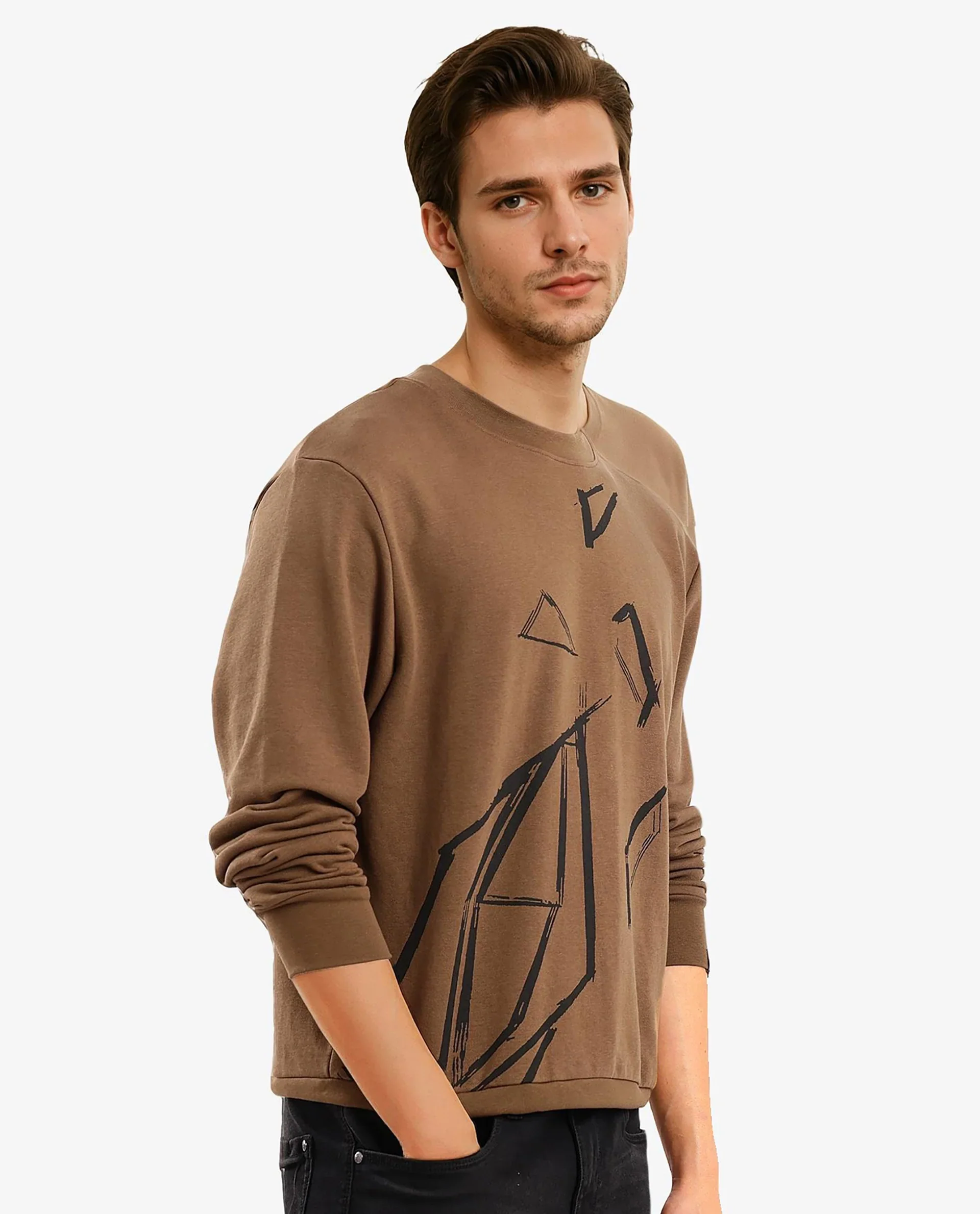 Rare Rabbit Men's Drewo Dusky Olive Cotton Graphic Print Regular Fit Full Sleeve Crew Neck Sweatshirt - Image 5