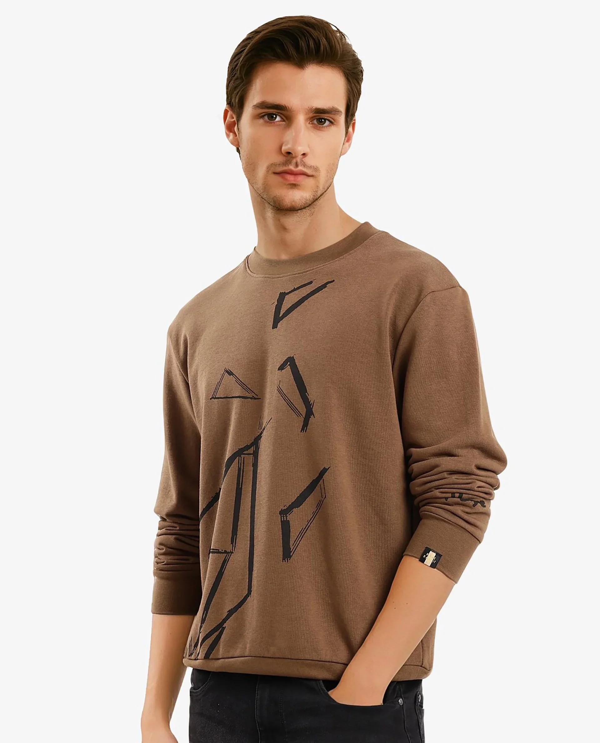 Rare Rabbit Men's Drewo Dusky Olive Cotton Graphic Print Regular Fit Full Sleeve Crew Neck Sweatshirt - Image 6