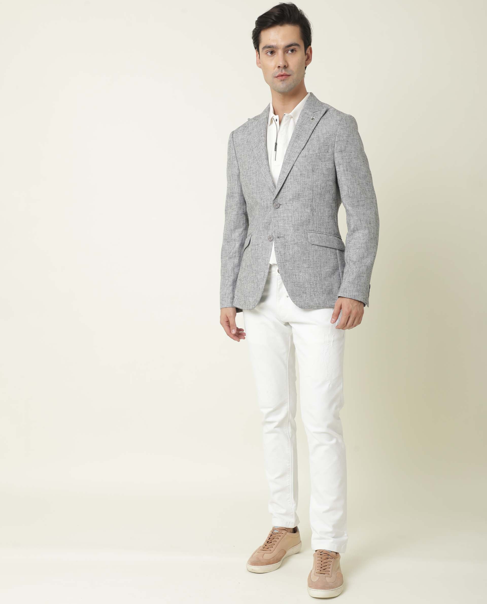 Rare Rabbit Men's Drews Grey Polyester Plain Tailored Fit Full Sleeve Lapel Neck Blazer - Image 2