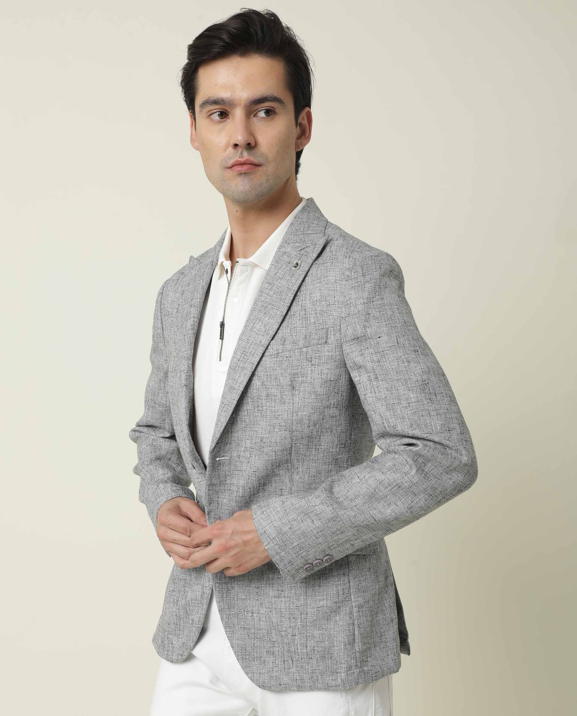 Rare Rabbit Men's Drews Grey Polyester Plain Tailored Fit Full Sleeve Lapel Neck Blazer - Image 5
