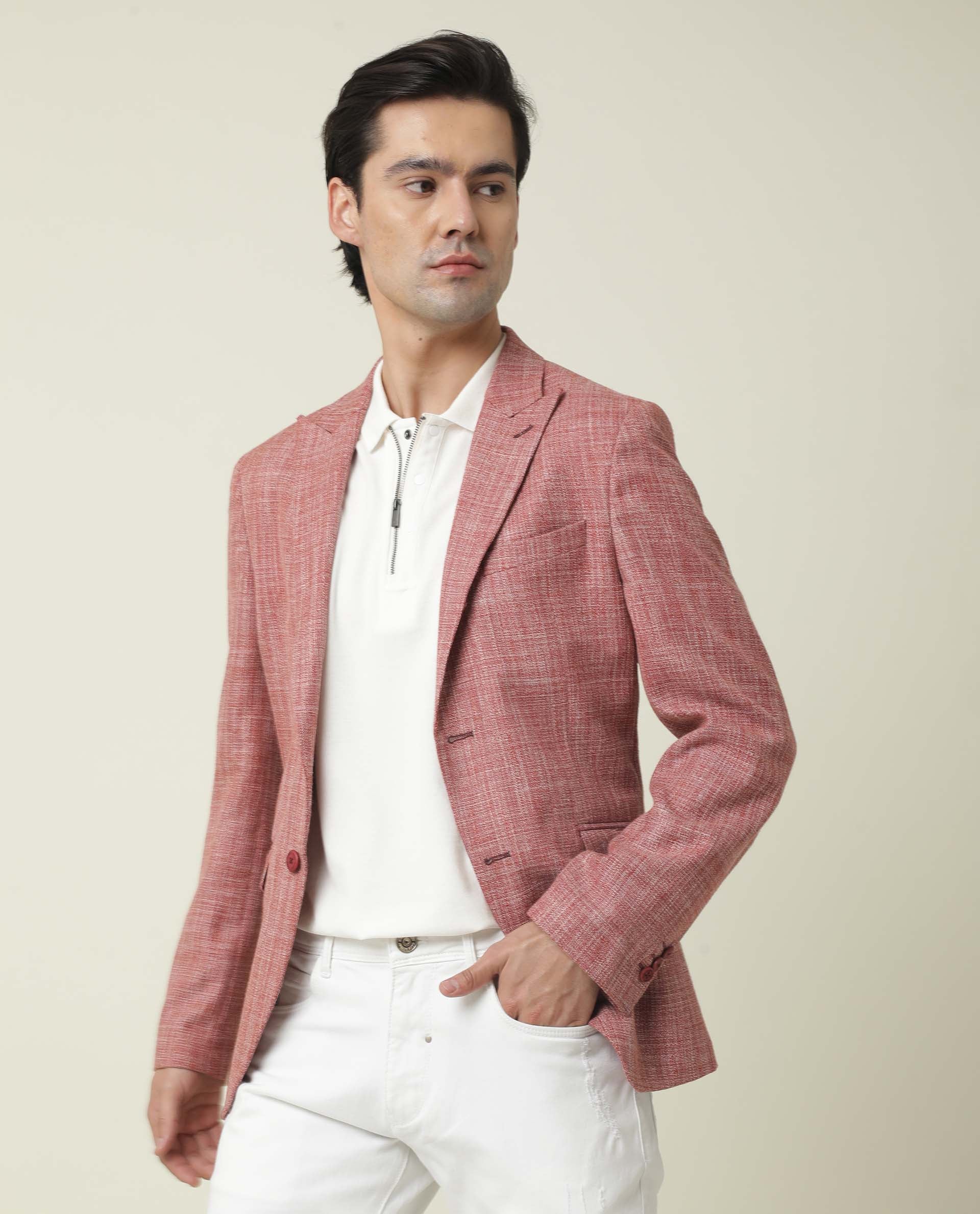 Rare Rabbit Men's Drews Red Polyester Plain Tailored Fit Full Sleeve Lapel Neck Blazer