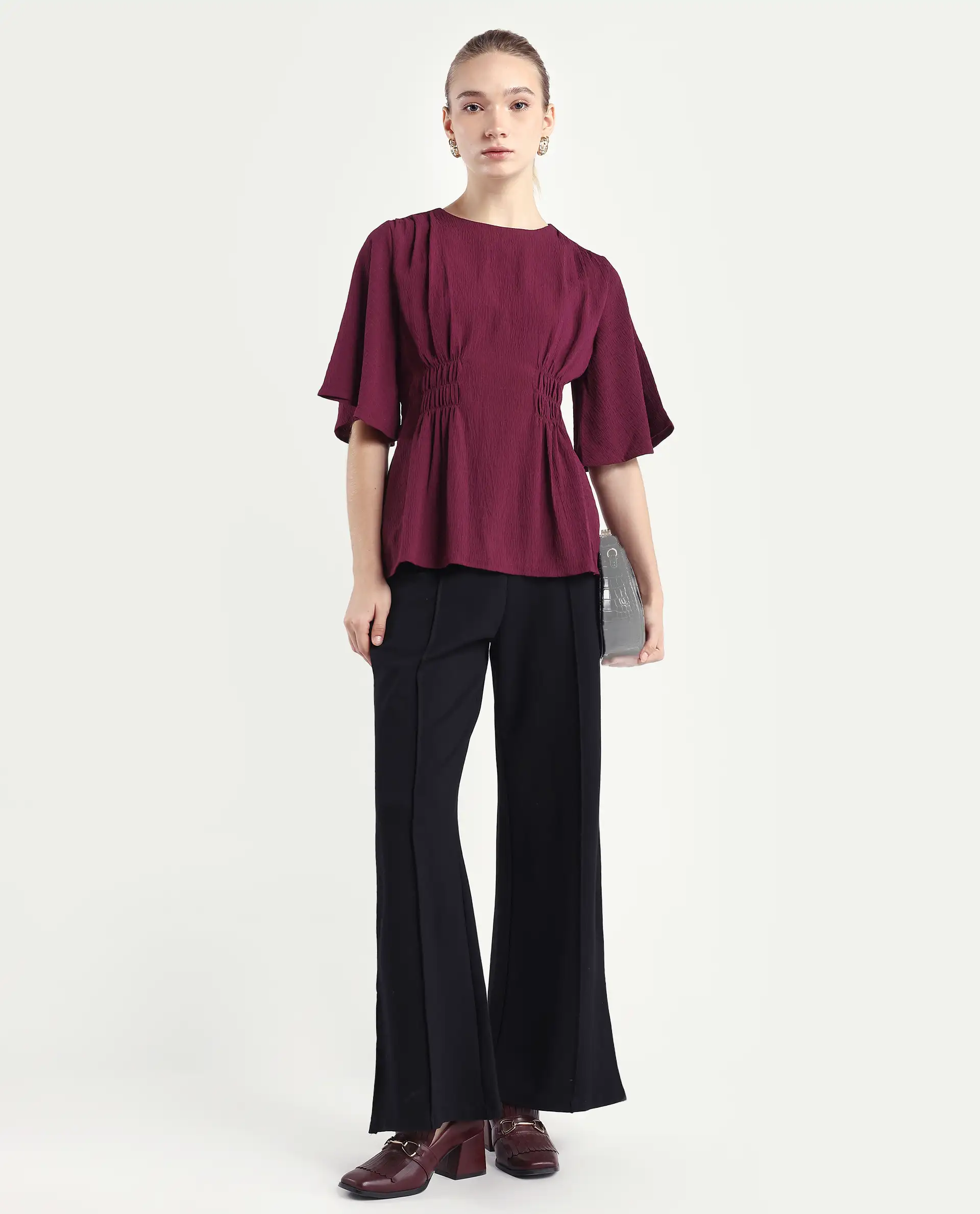Rareism Women's Drib Dark Red Polyester Crew Neck Plain Bell Sleeve Regular Fit Top - Image 2