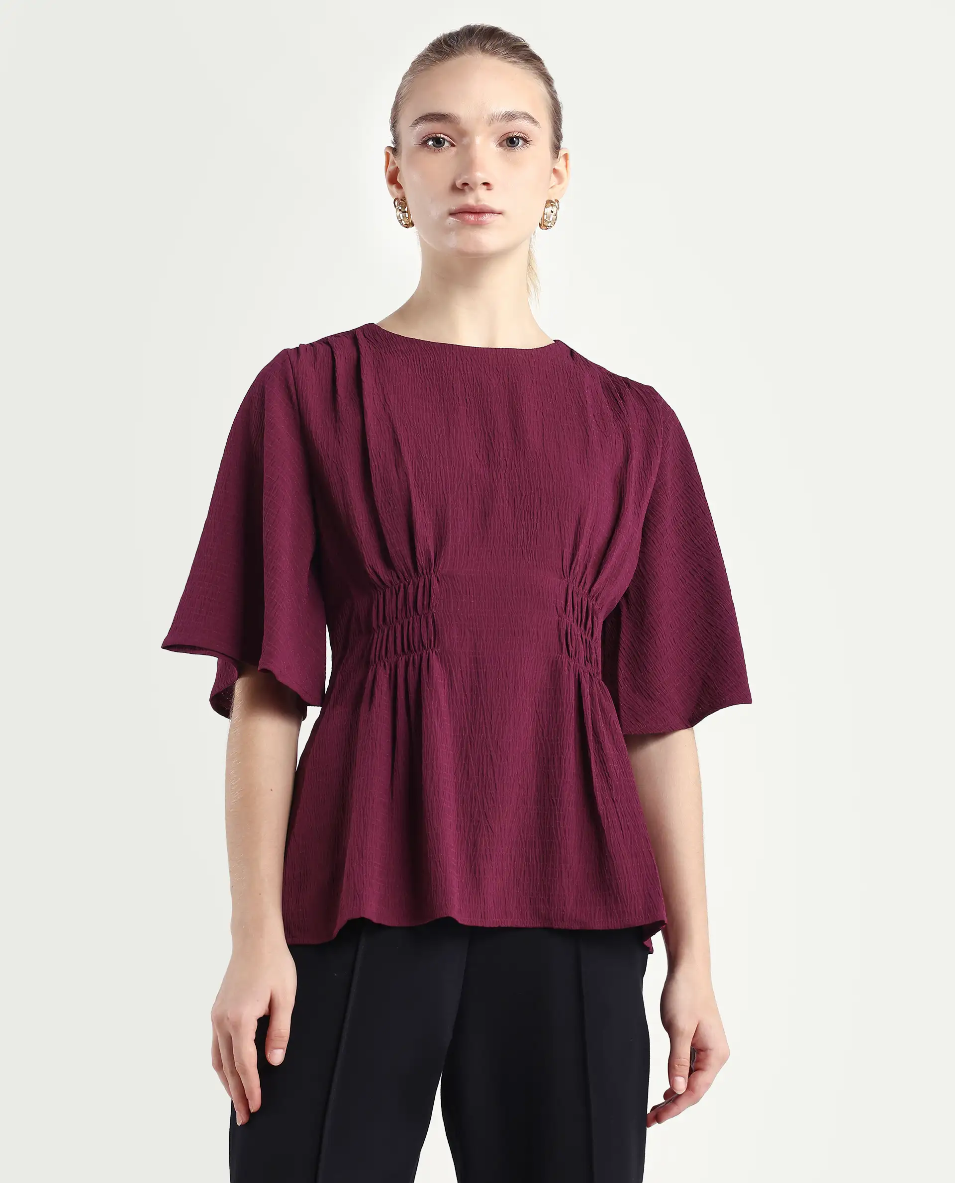 Rareism Women's Drib Dark Red Polyester Crew Neck Plain Bell Sleeve Regular Fit Top - Image 3