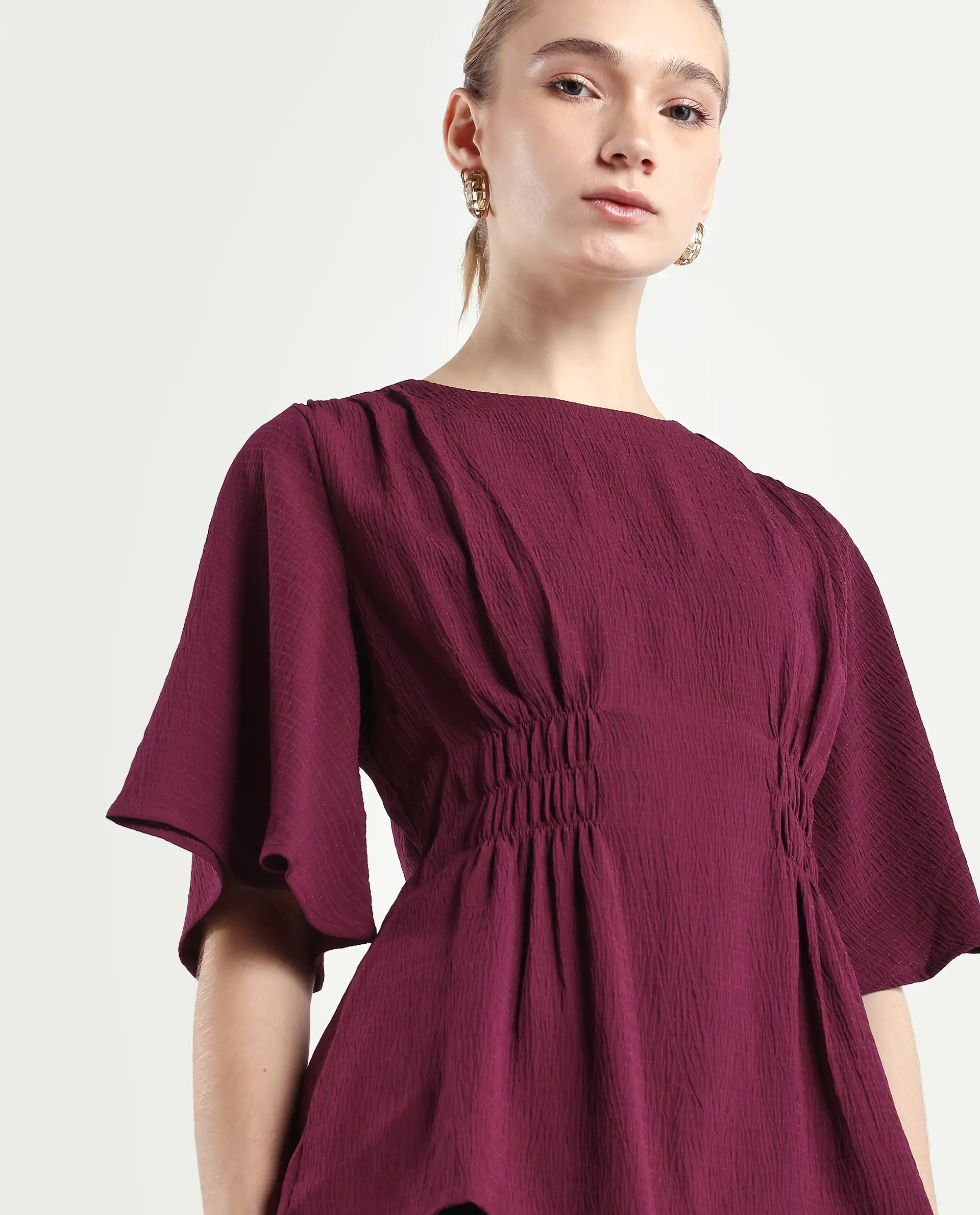 Rareism Women's Drib Dark Red Polyester Crew Neck Plain Bell Sleeve Regular Fit Top - Image 4