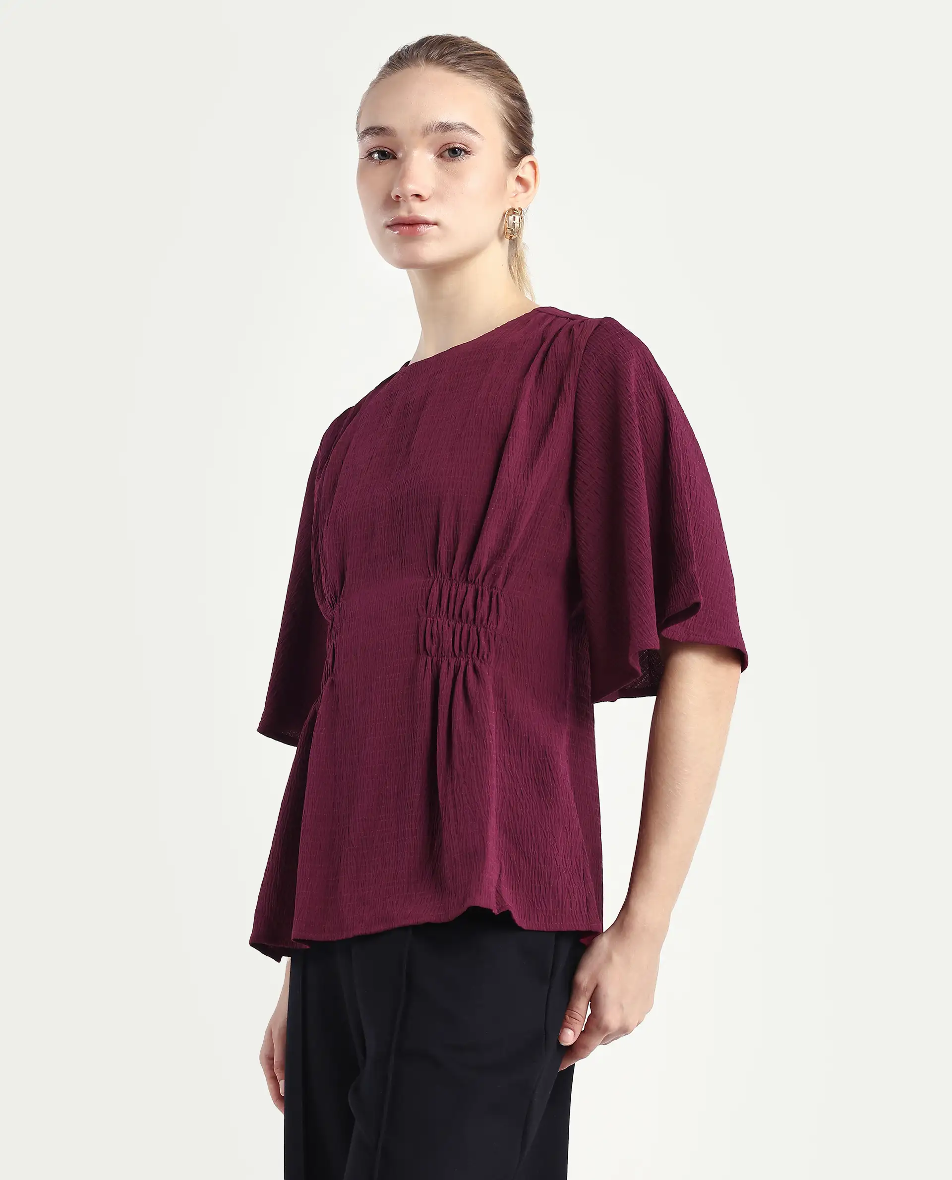 Rareism Women's Drib Dark Red Polyester Crew Neck Plain Bell Sleeve Regular Fit Top - Image 5
