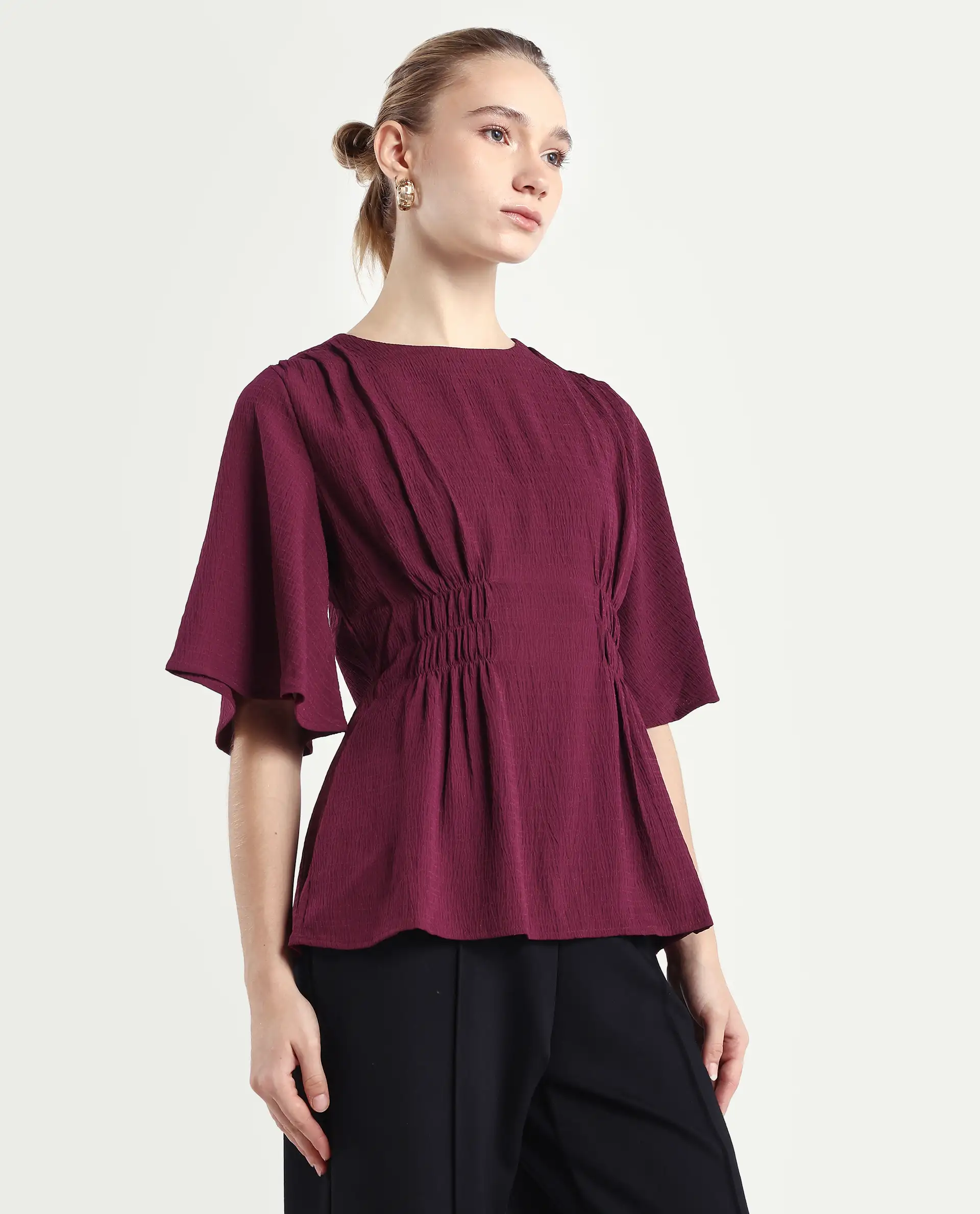 Rareism Women's Drib Dark Red Polyester Crew Neck Plain Bell Sleeve Regular Fit Top - Image 6