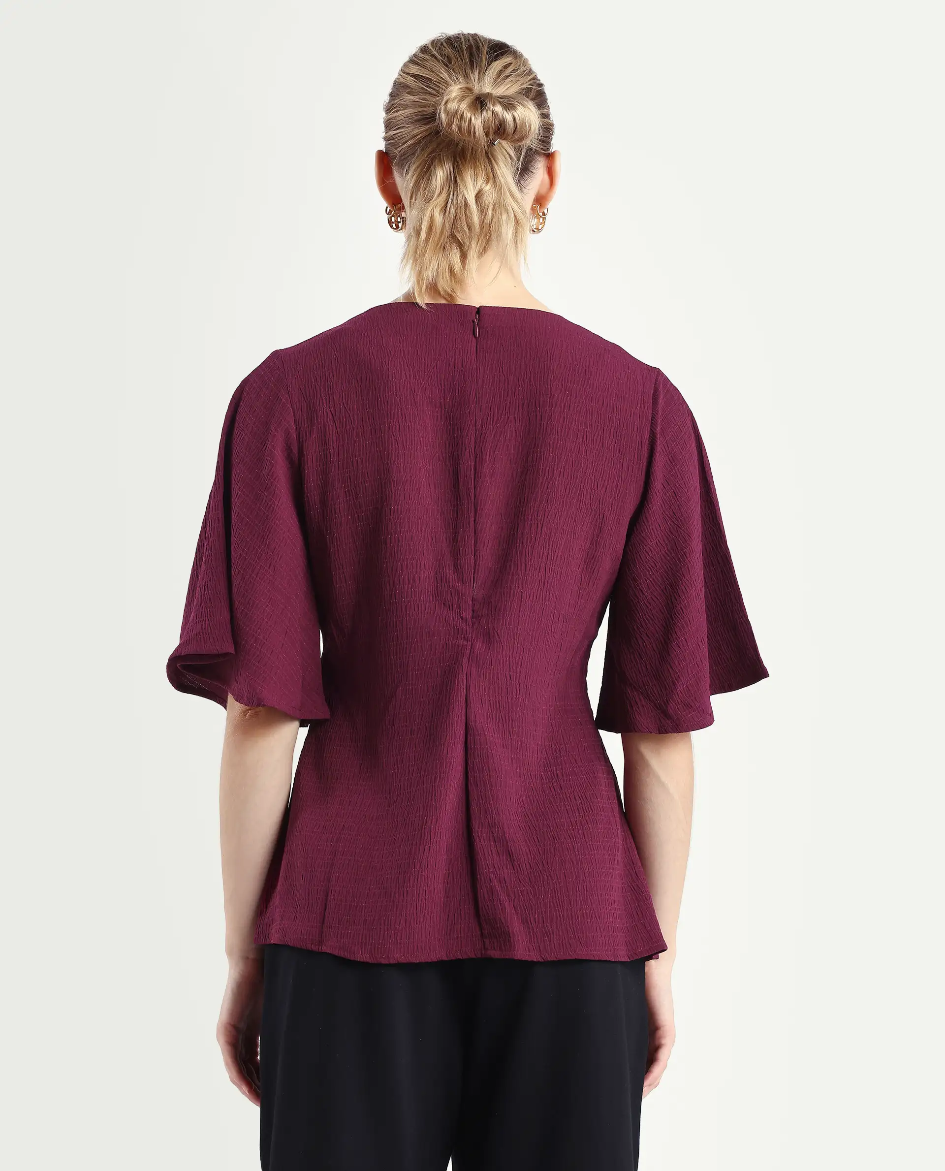 Rareism Women's Drib Dark Red Polyester Crew Neck Plain Bell Sleeve Regular Fit Top - Image 7