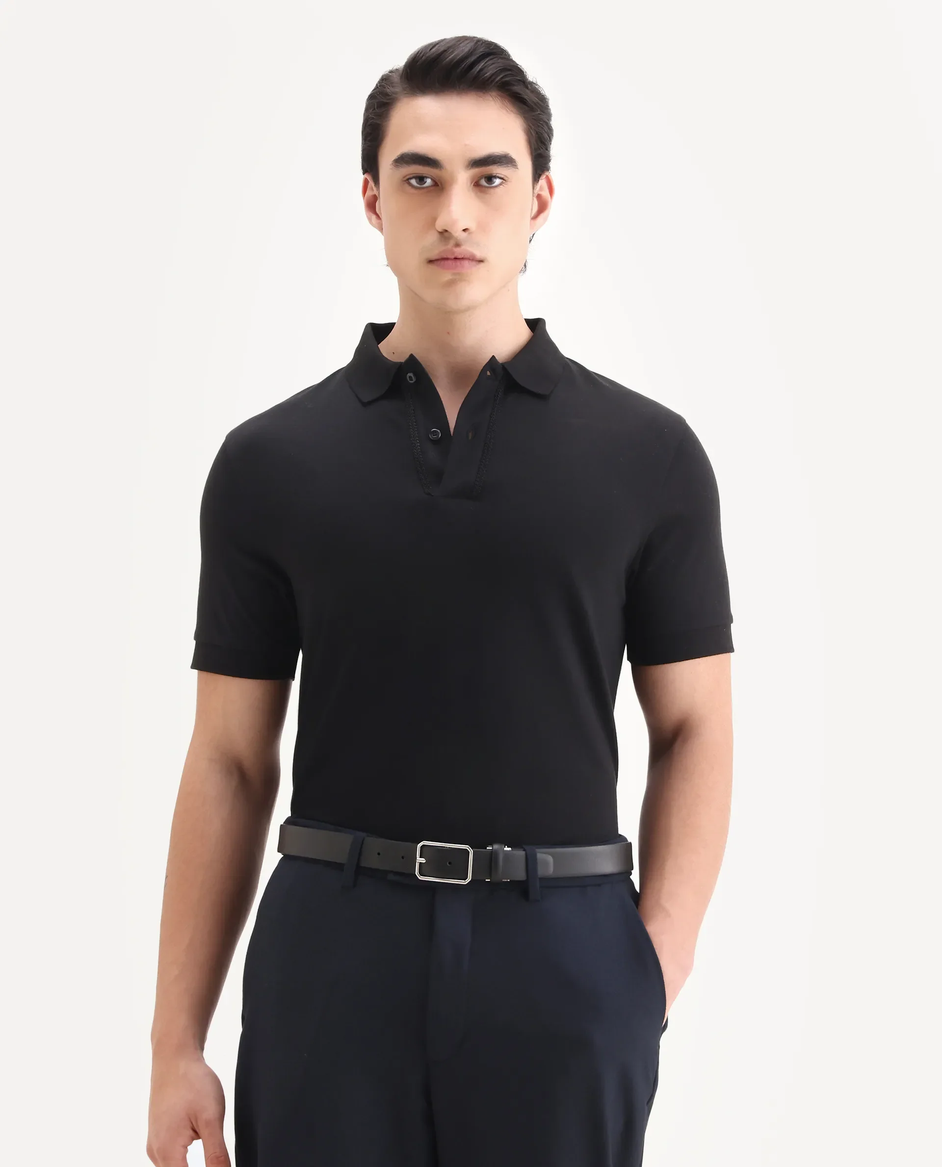 Rare Rabbit Men's Drid Black Cotton Fabric Half Sleeve Spread Collar Plain Polo