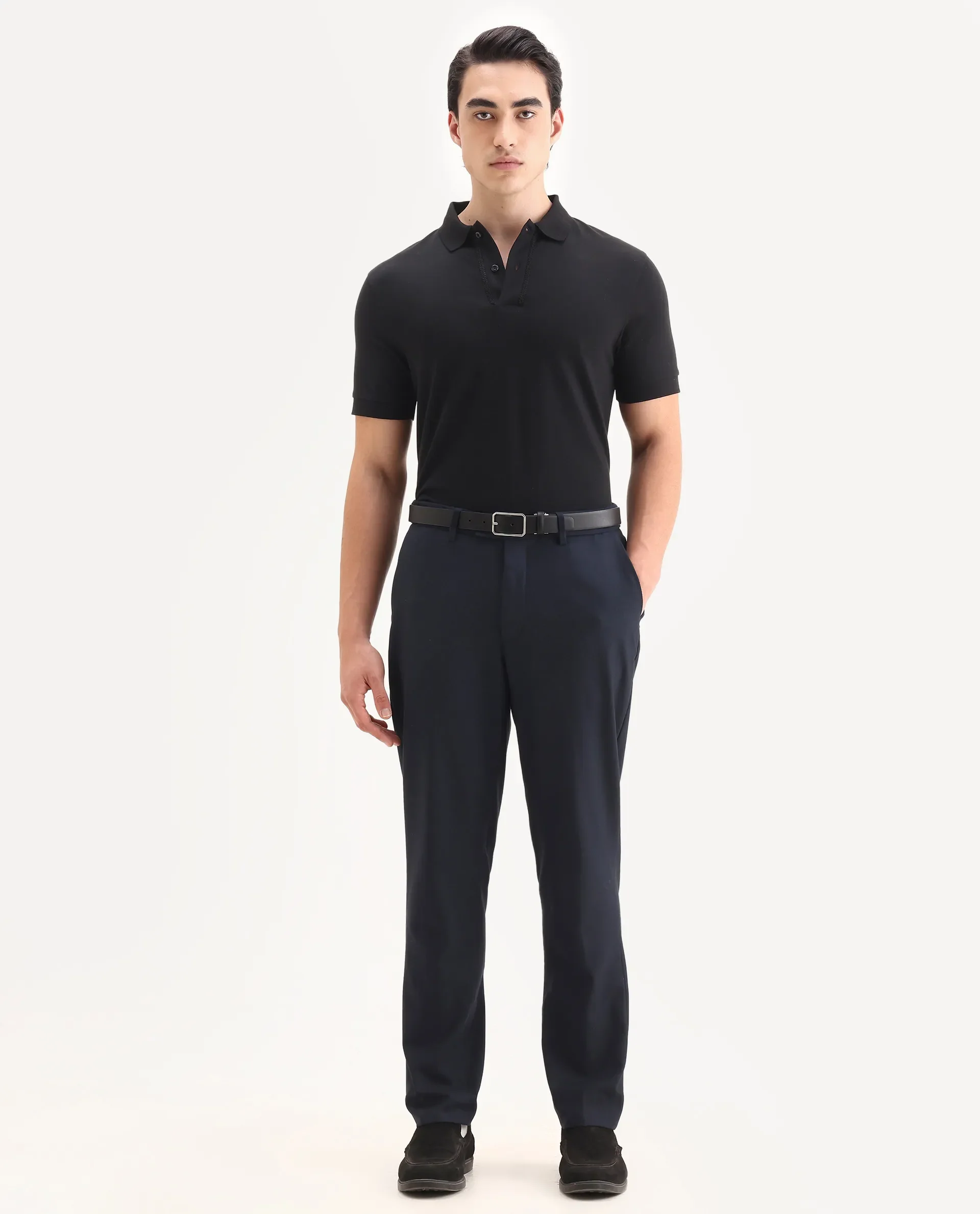 Rare Rabbit Men's Drid Black Cotton Fabric Half Sleeve Spread Collar Plain Polo - Image 2