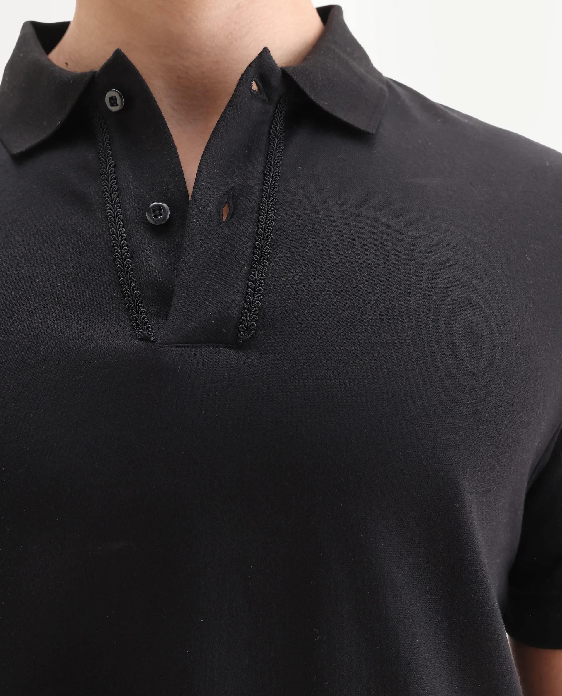 Rare Rabbit Men's Drid Black Cotton Fabric Half Sleeve Spread Collar Plain Polo - Image 3