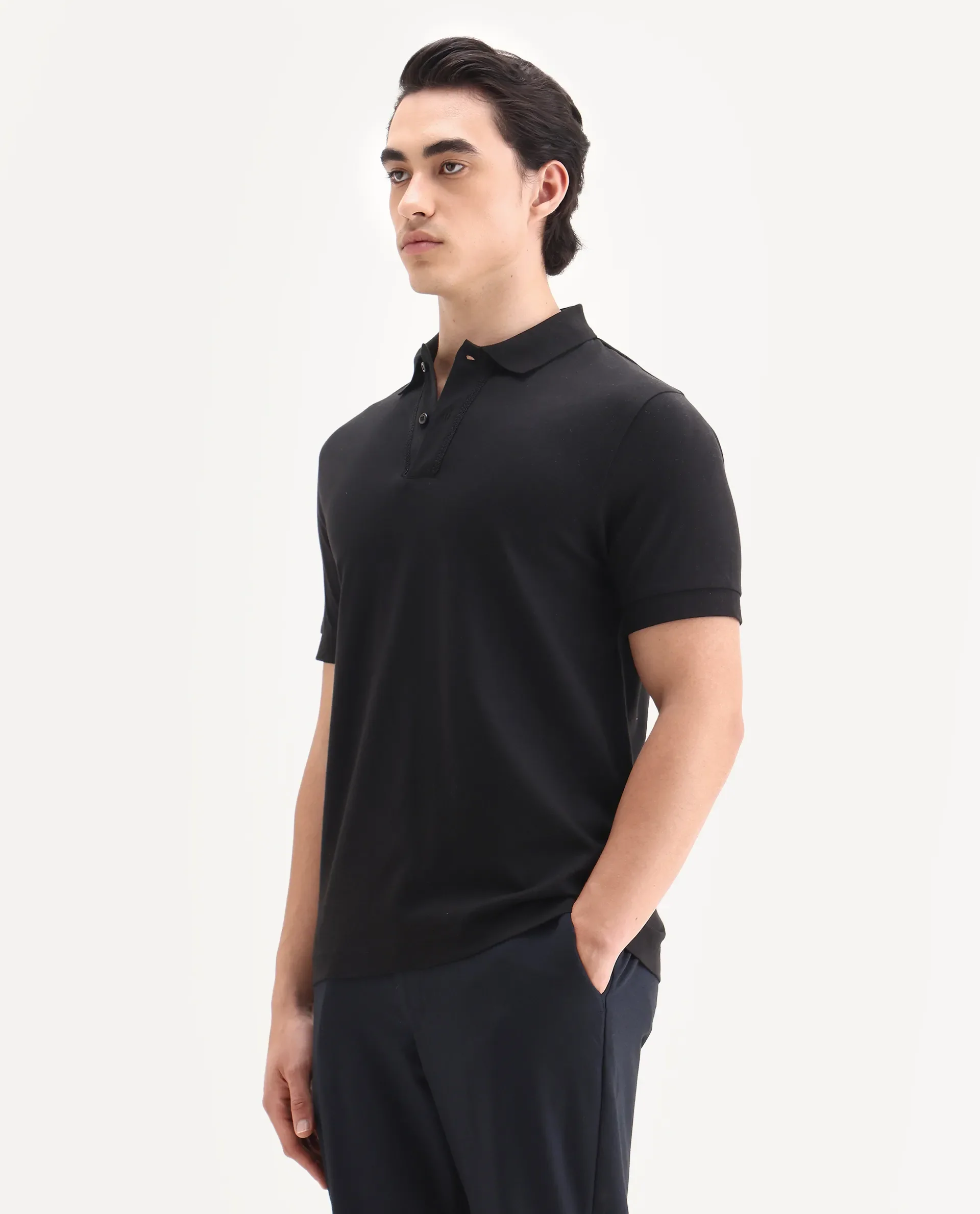 Rare Rabbit Men's Drid Black Cotton Fabric Half Sleeve Spread Collar Plain Polo - Image 4