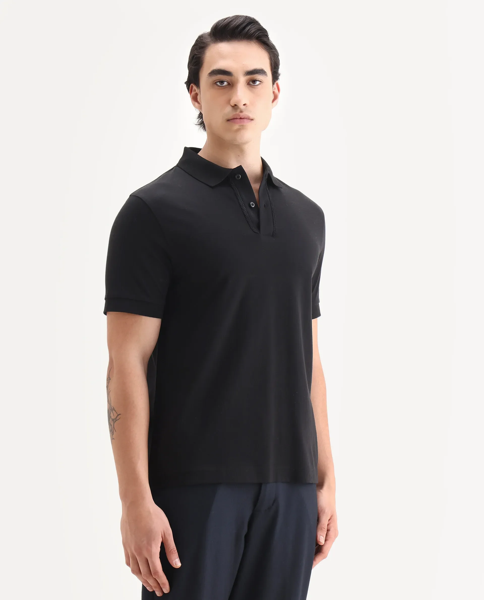 Rare Rabbit Men's Drid Black Cotton Fabric Half Sleeve Spread Collar Plain Polo - Image 5