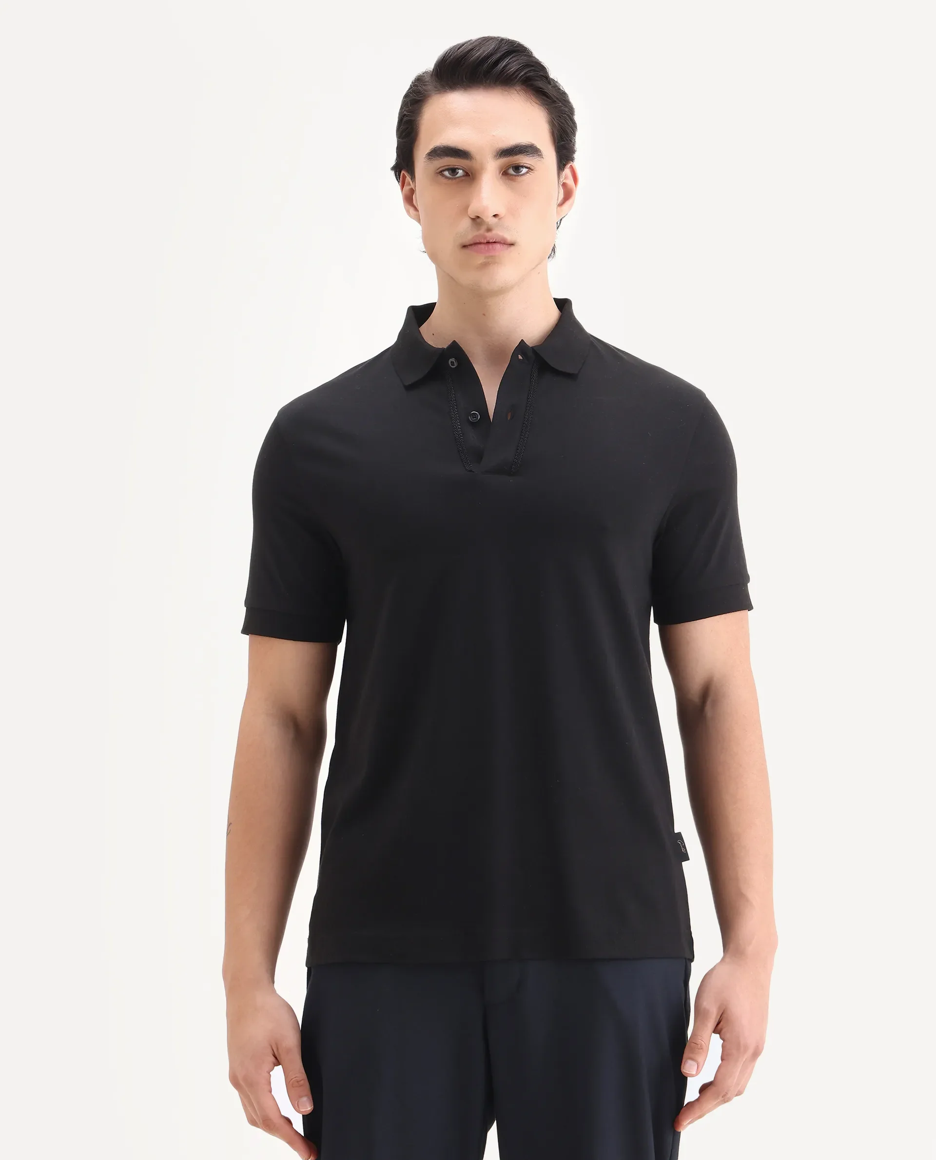 Rare Rabbit Men's Drid Black Cotton Fabric Half Sleeve Spread Collar Plain Polo - Image 6