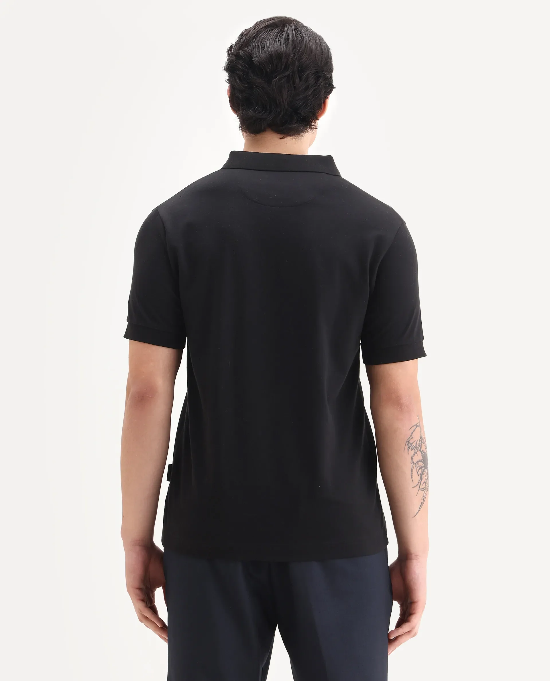 Rare Rabbit Men's Drid Black Cotton Fabric Half Sleeve Spread Collar Plain Polo - Image 7